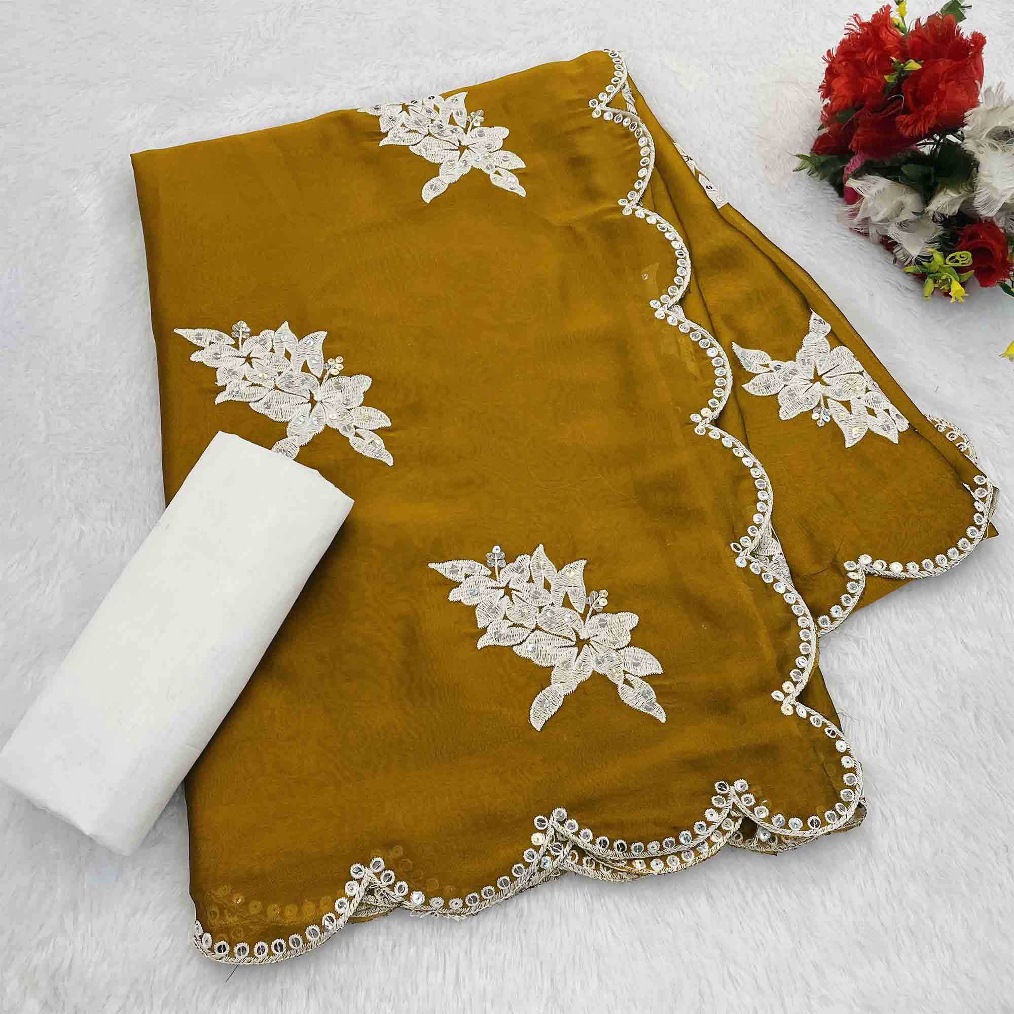 Mustard Silk Blend Saree with Embroidered Floral Design in Sequins & Thread - Image 4