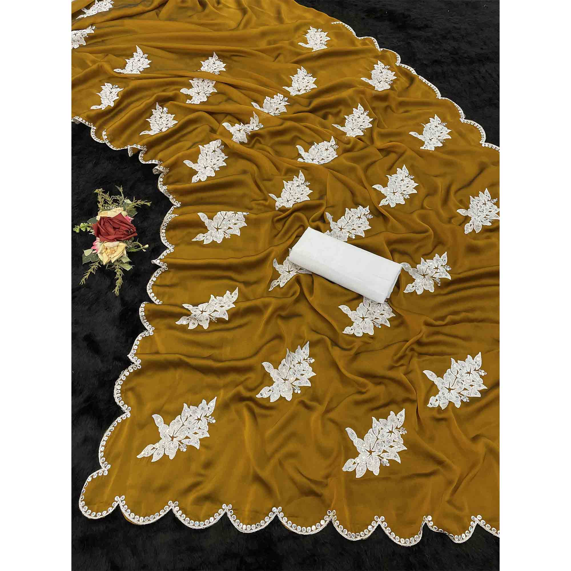 Mustard Silk Blend Saree with Embroidered Floral Design in Sequins & Thread - Image 5