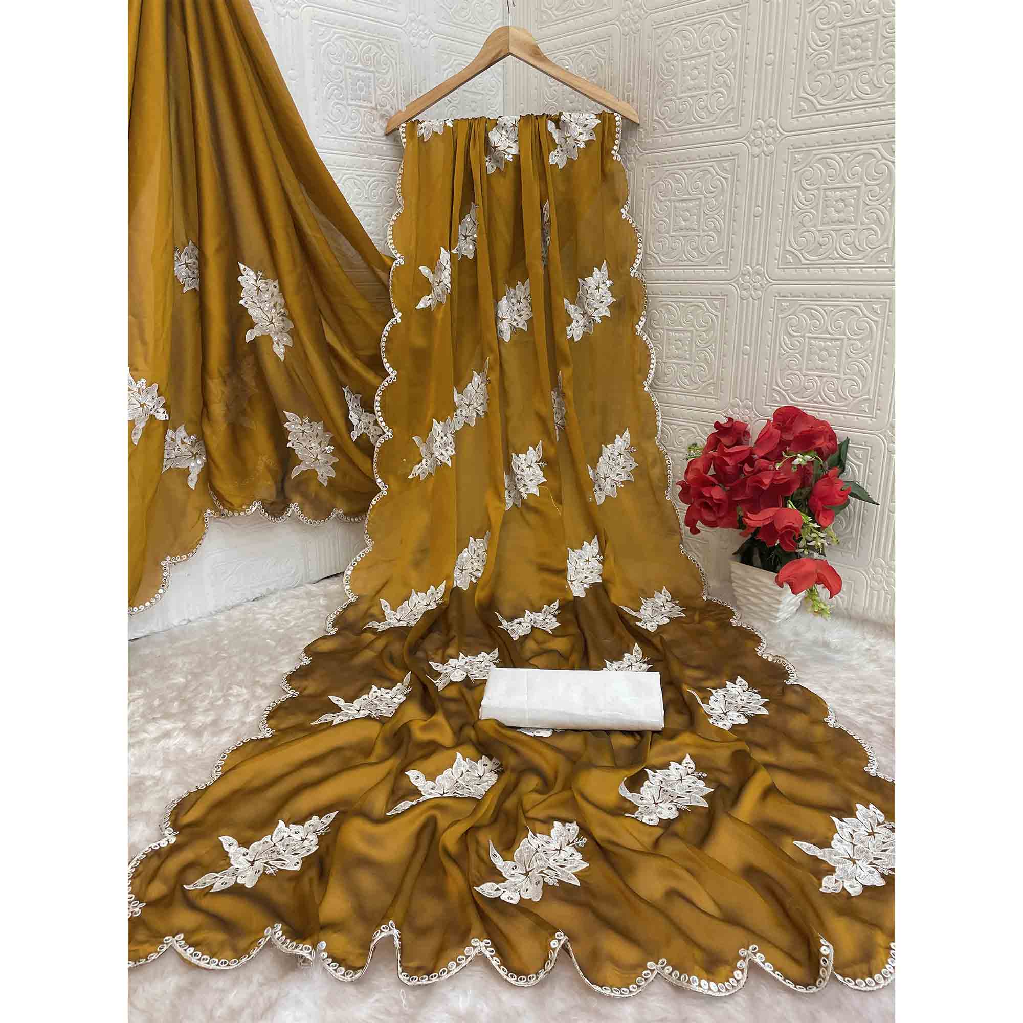 Mustard Silk Blend Saree with Embroidered Floral Design in Sequins & Thread - Image 6