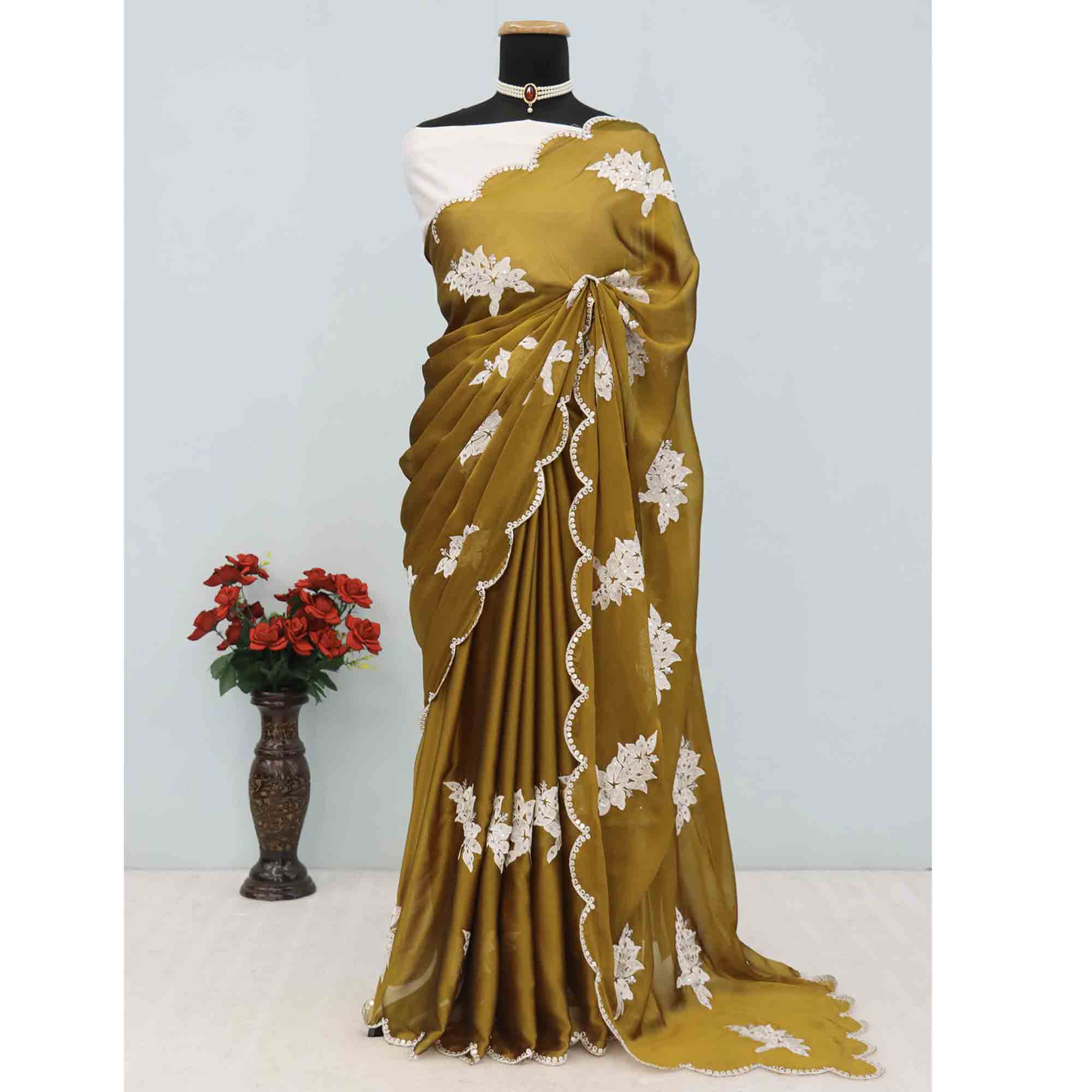 Mustard Silk Blend Saree with Embroidered Floral Design in Sequins & Thread - Image 7