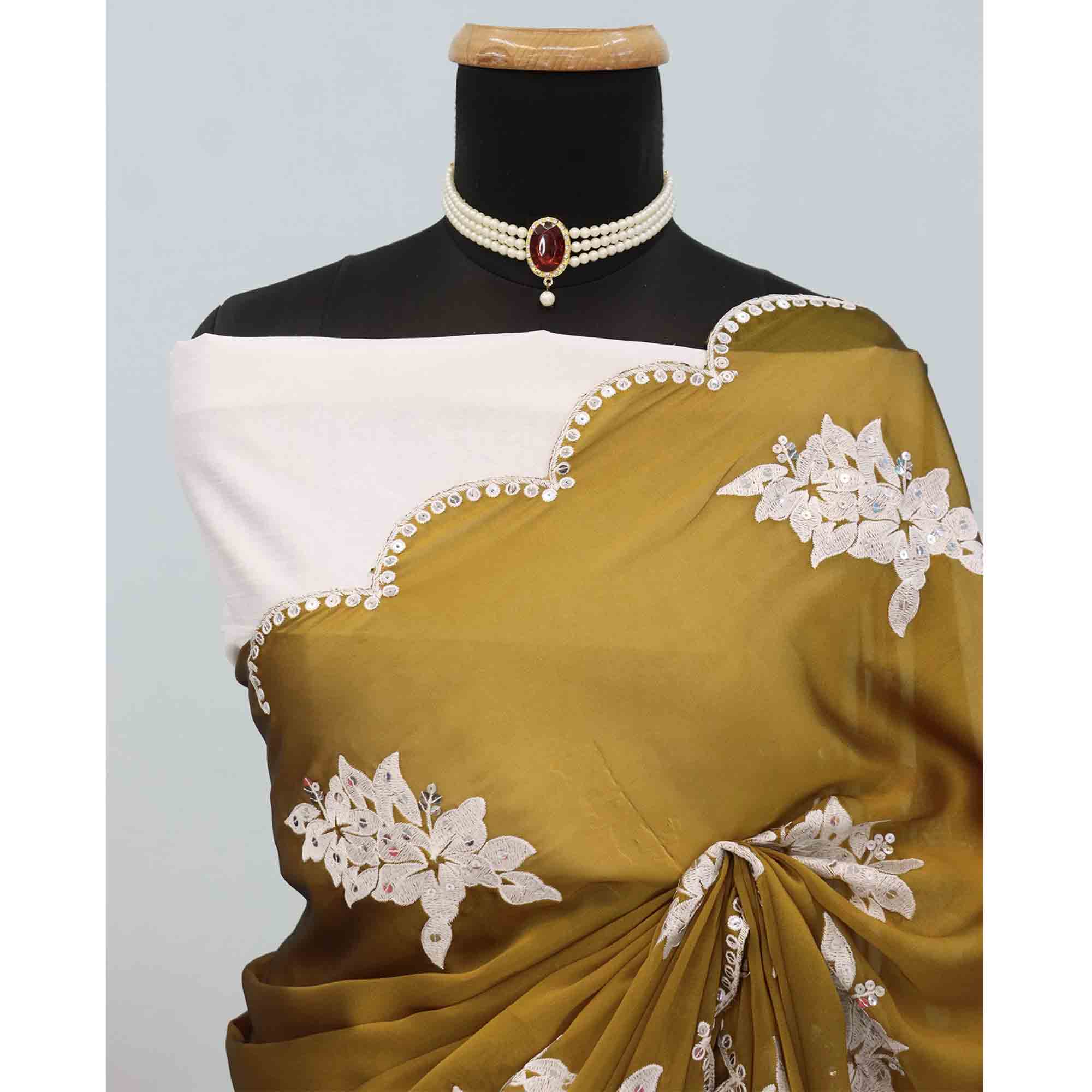 Mustard Silk Blend Saree with Embroidered Floral Design in Sequins & Thread - Image 8