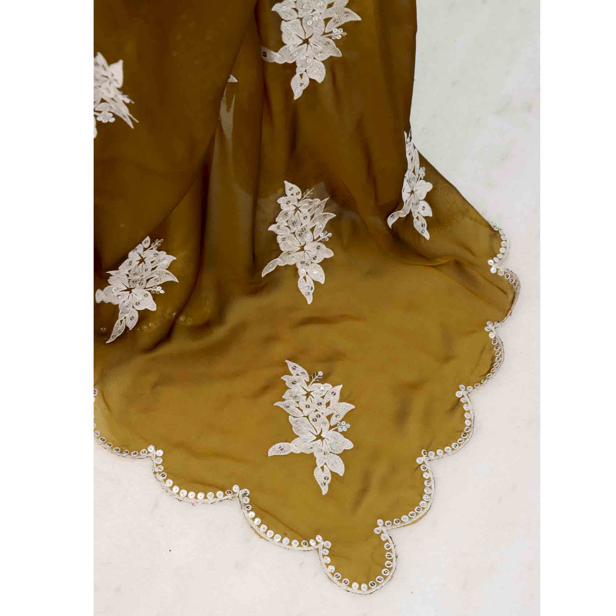 Mustard Silk Blend Saree with Embroidered Floral Design in Sequins & Thread - Image 9
