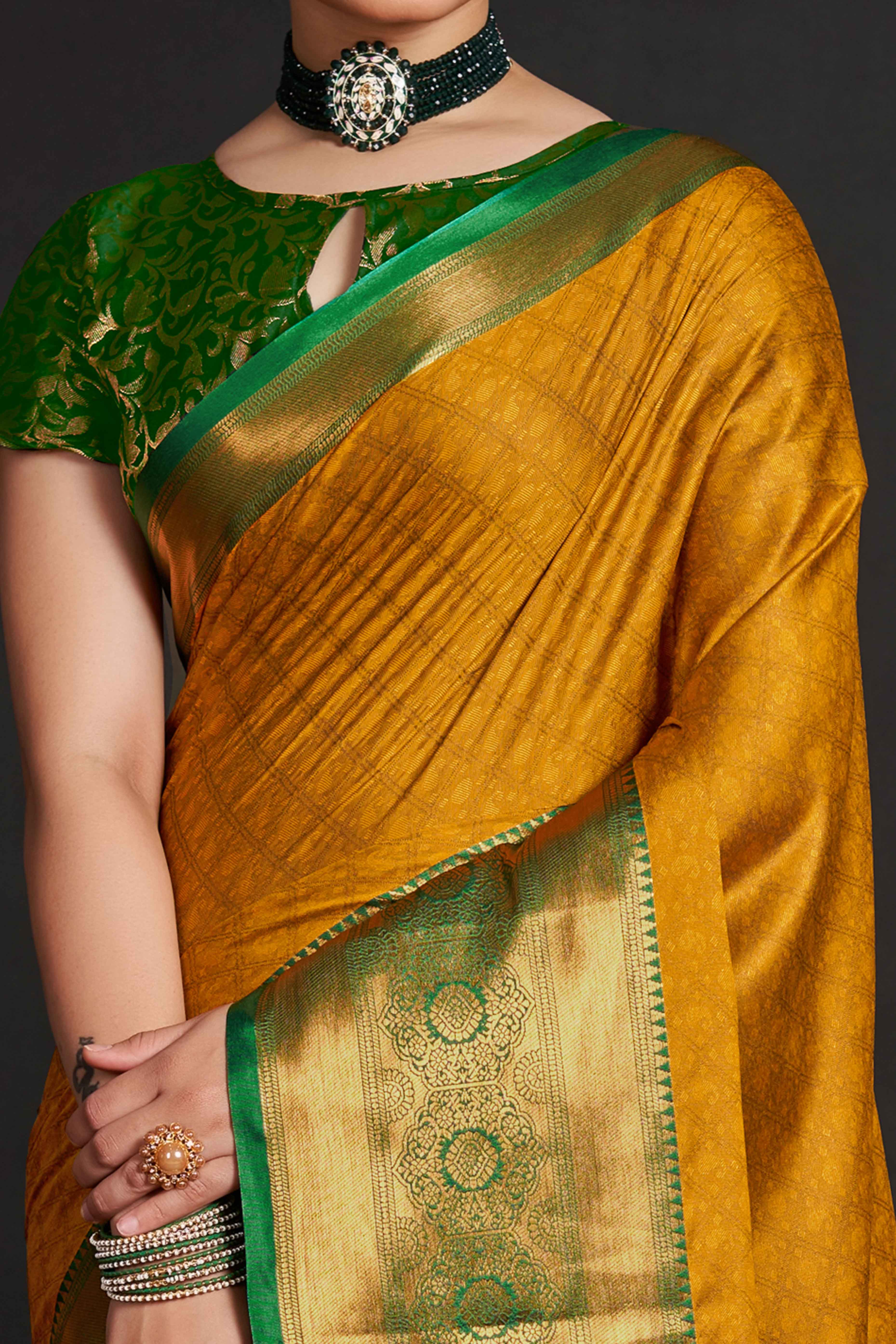 Mustard Silk Blend Saree With Exquisite Zari Weaving & Graceful Tassels - Image 2