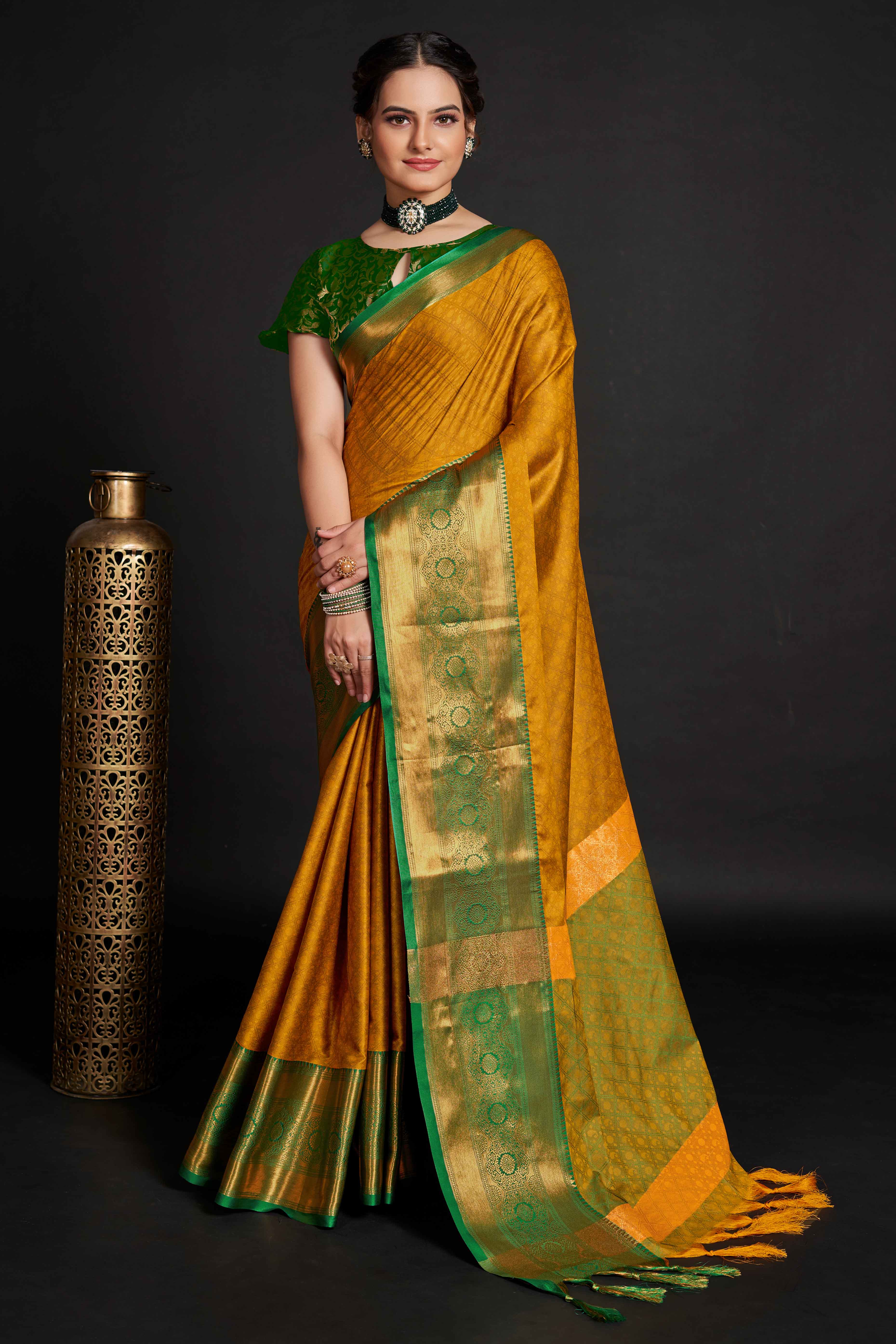 Mustard Silk Blend Saree With Exquisite Zari Weaving & Graceful Tassels - Image 3