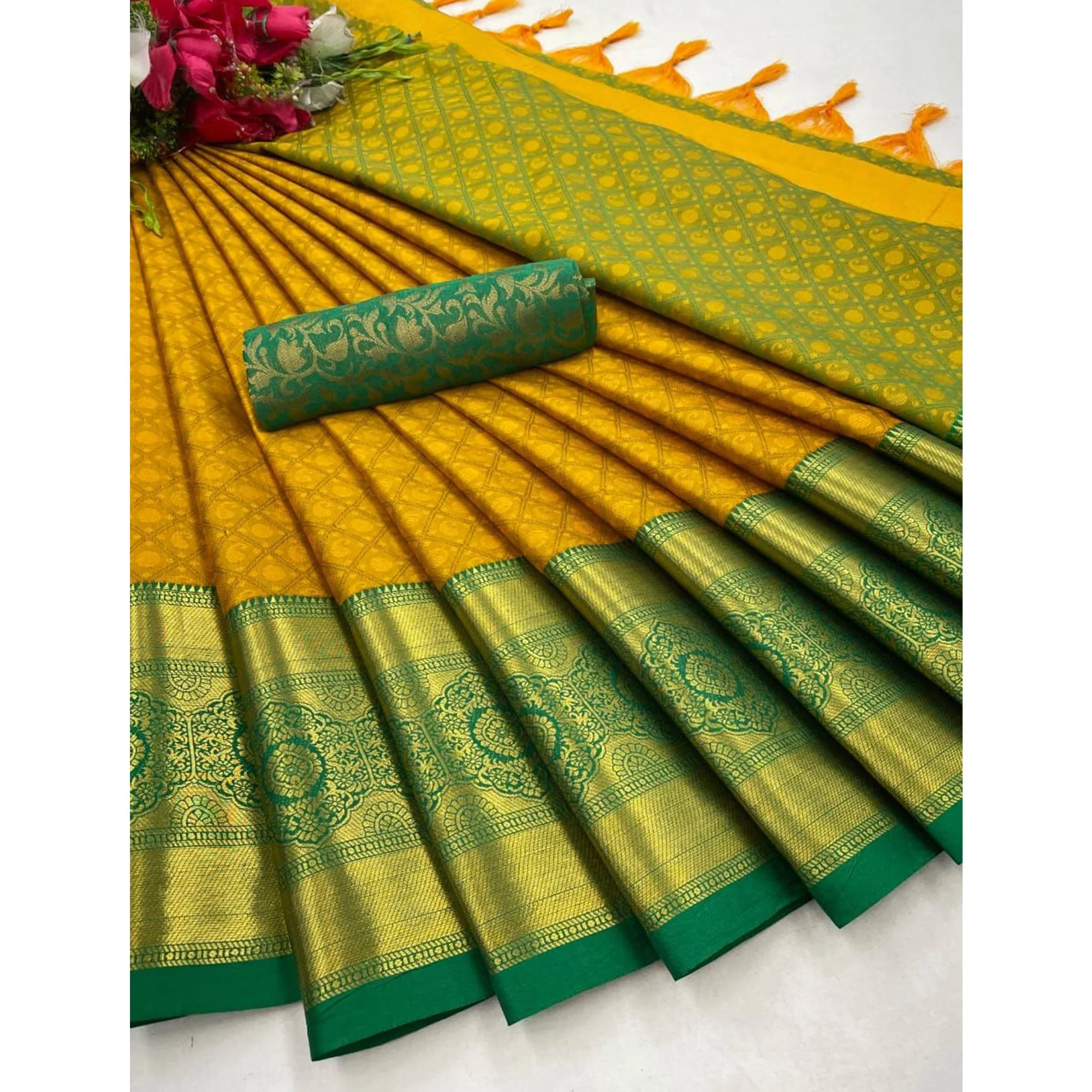 Mustard Silk Blend Saree With Exquisite Zari Weaving & Graceful Tassels - Image 5