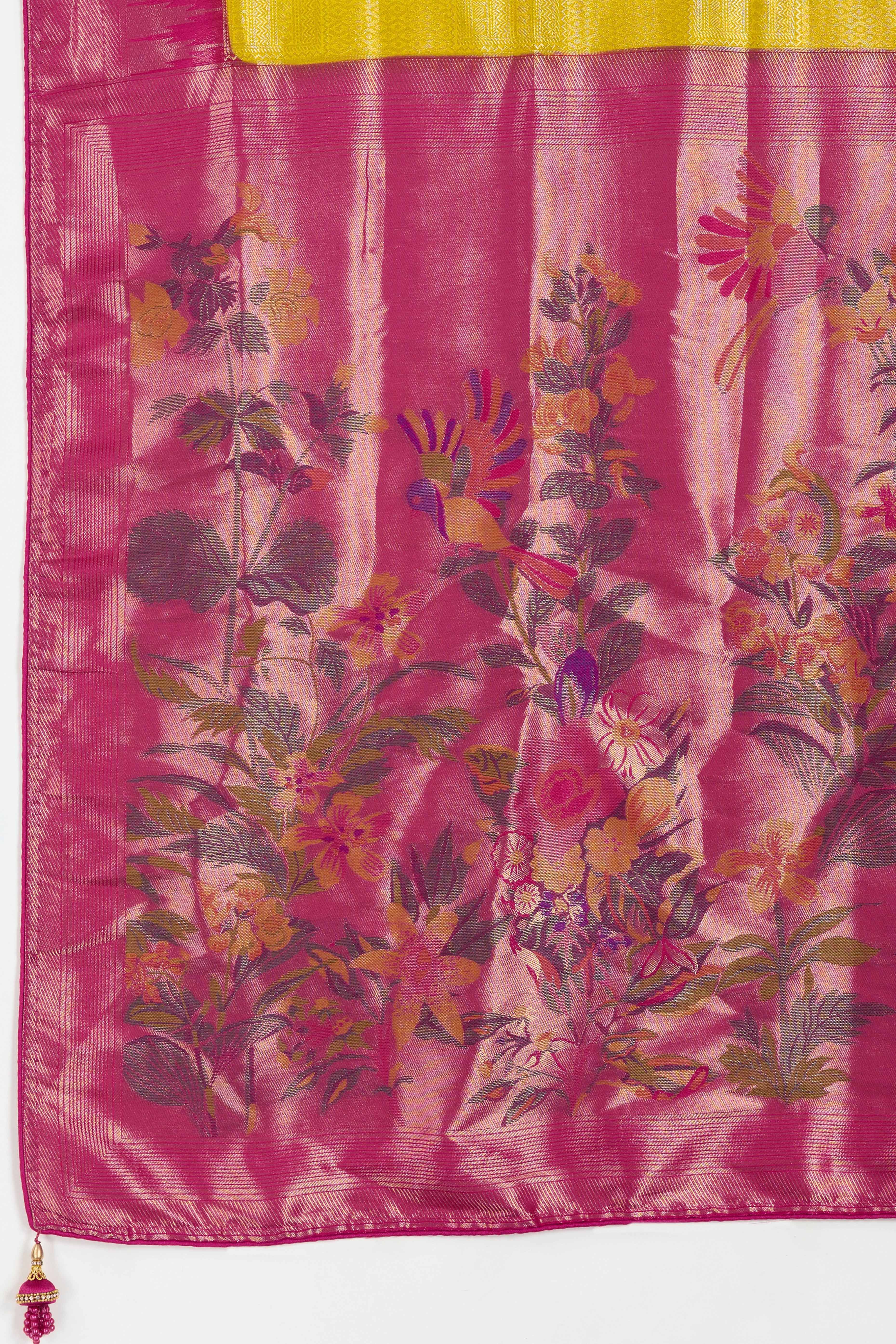 Mustard Silk Kanjivaram Saree Enhanced With Kadiyal Weaving Borders - Image 7