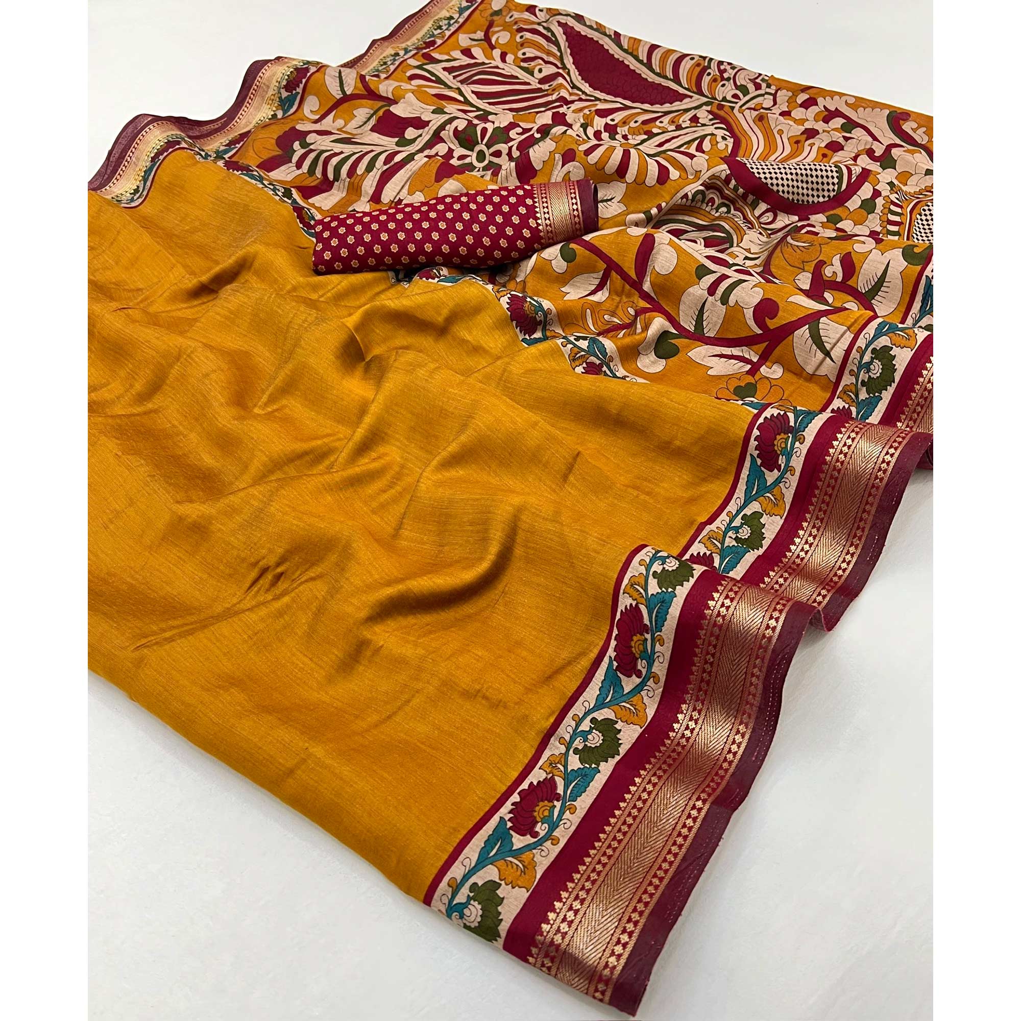 Mustard Soft Mul Cotton Saree with Kalamkari Pallu & Zari border - Image 3