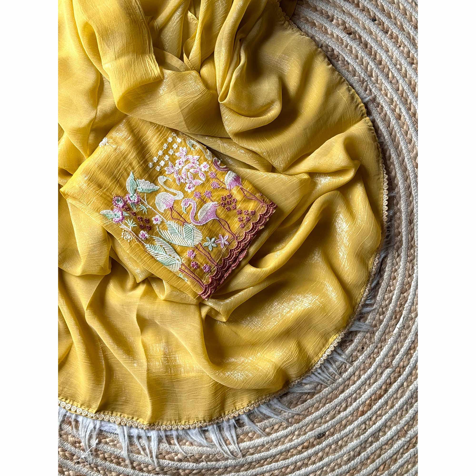 Mustard Solid Crunchy Crepe Saree With Embroidery Border - Image 3