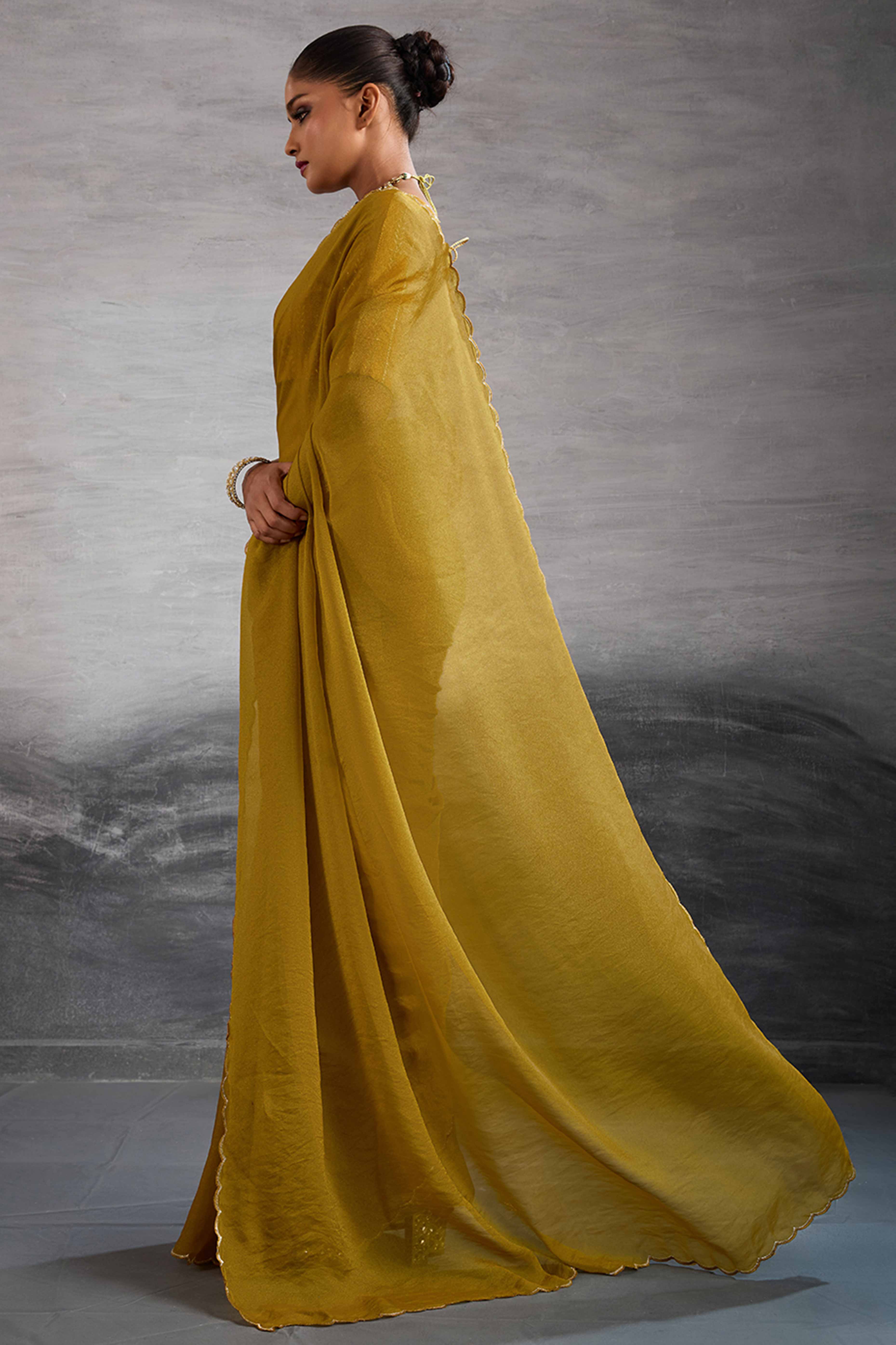 Mustard Solid Organza Jimmy Choo Saree Accentuated With Elegant Cutwork Border Detailing - Image 4