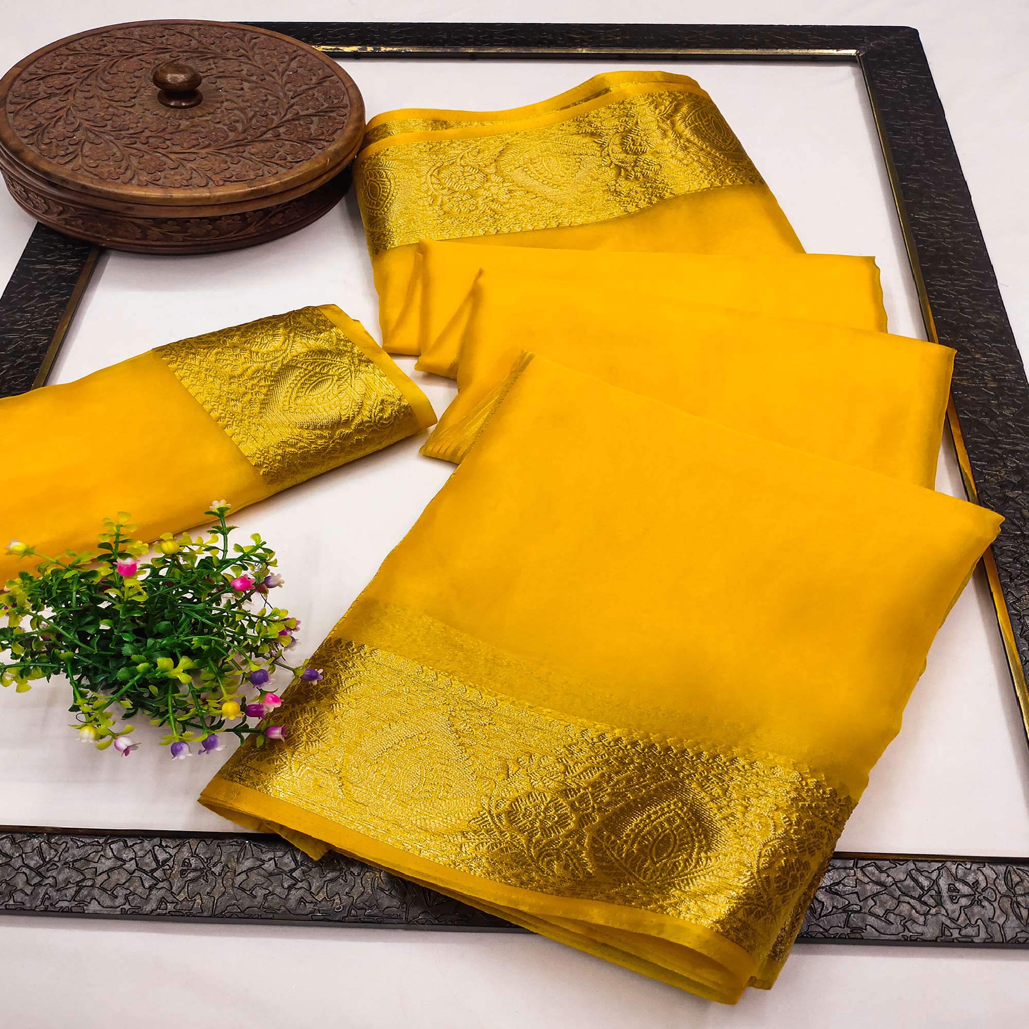 Mustard Solid Organza Saree With Zari Border - Image 2
