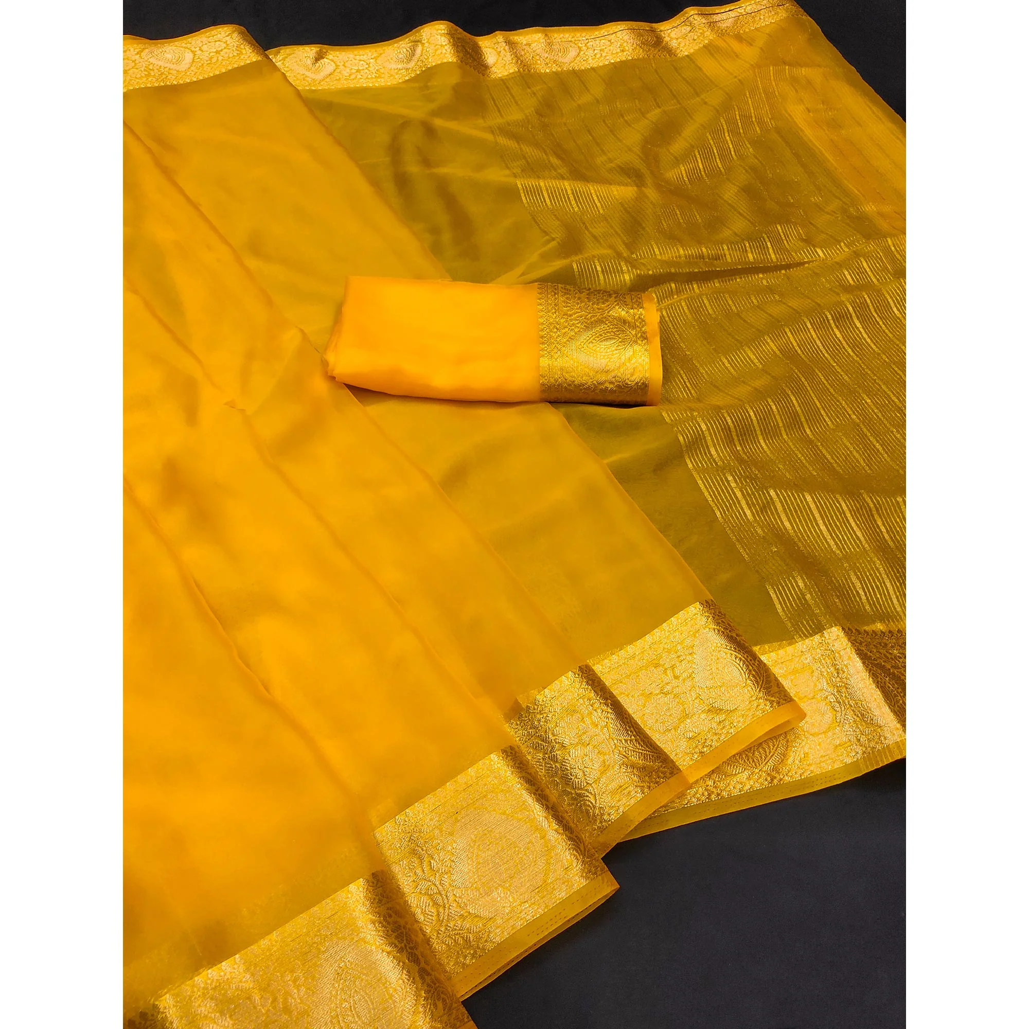 Mustard Solid Organza Saree With Zari Border - Image 4