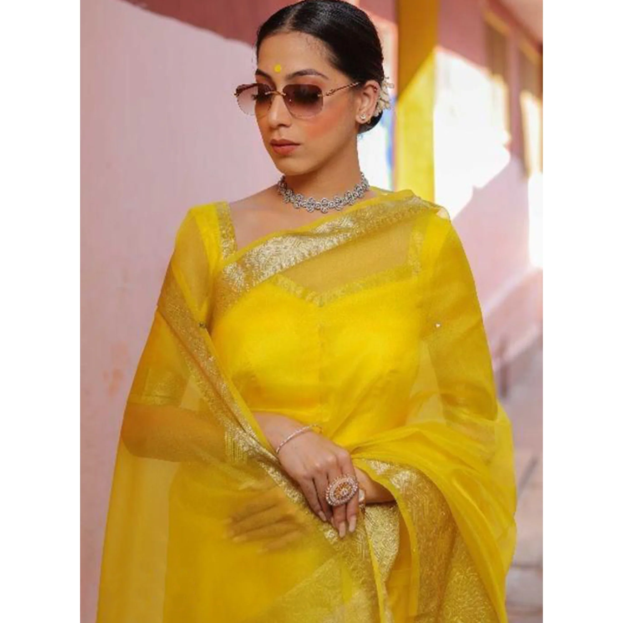 Mustard Solid Organza Saree With Zari Border - Image 5