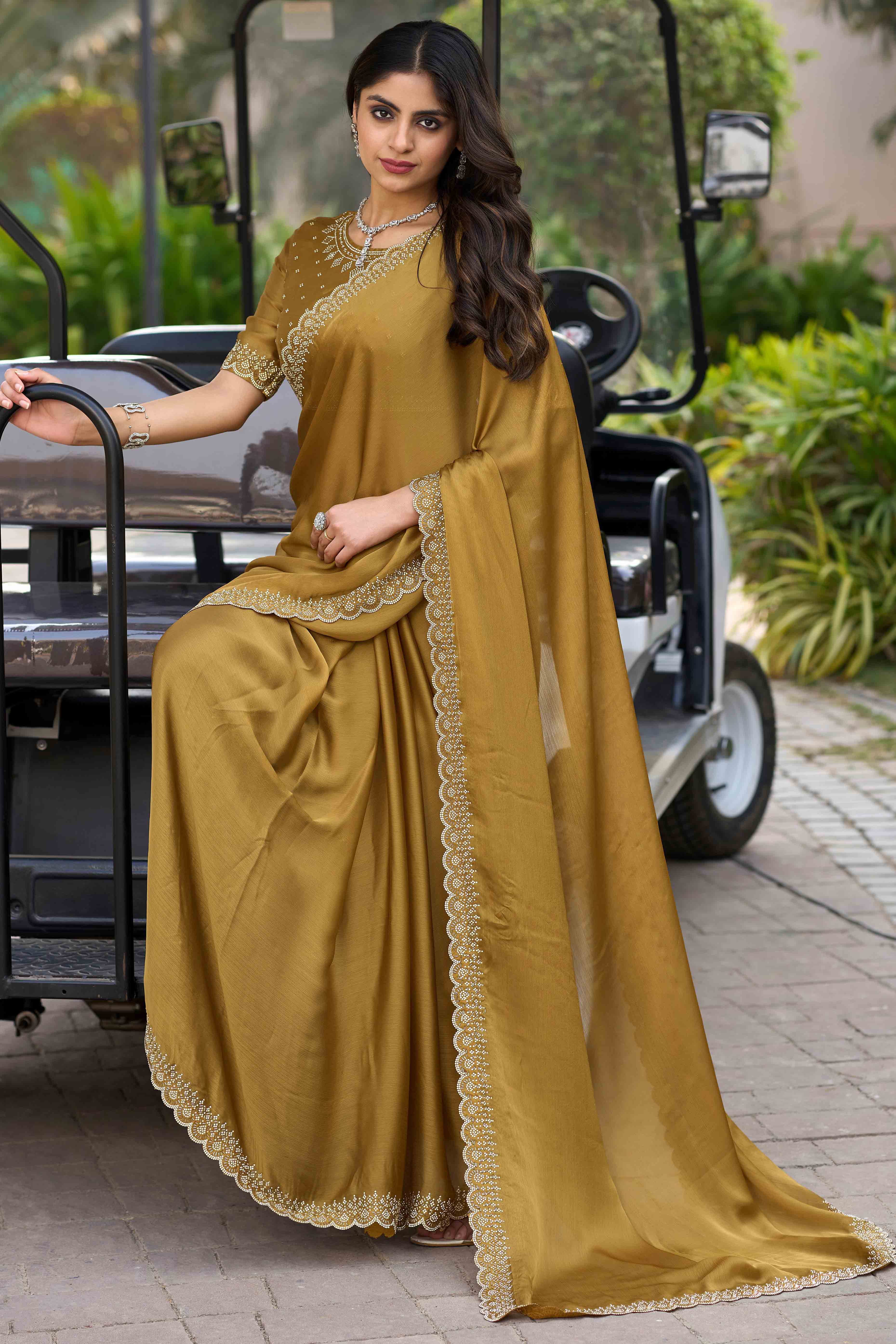 Mustard Solid Satin Chiffon Saree With Cutdana & Zarkan Handwork - Image 4