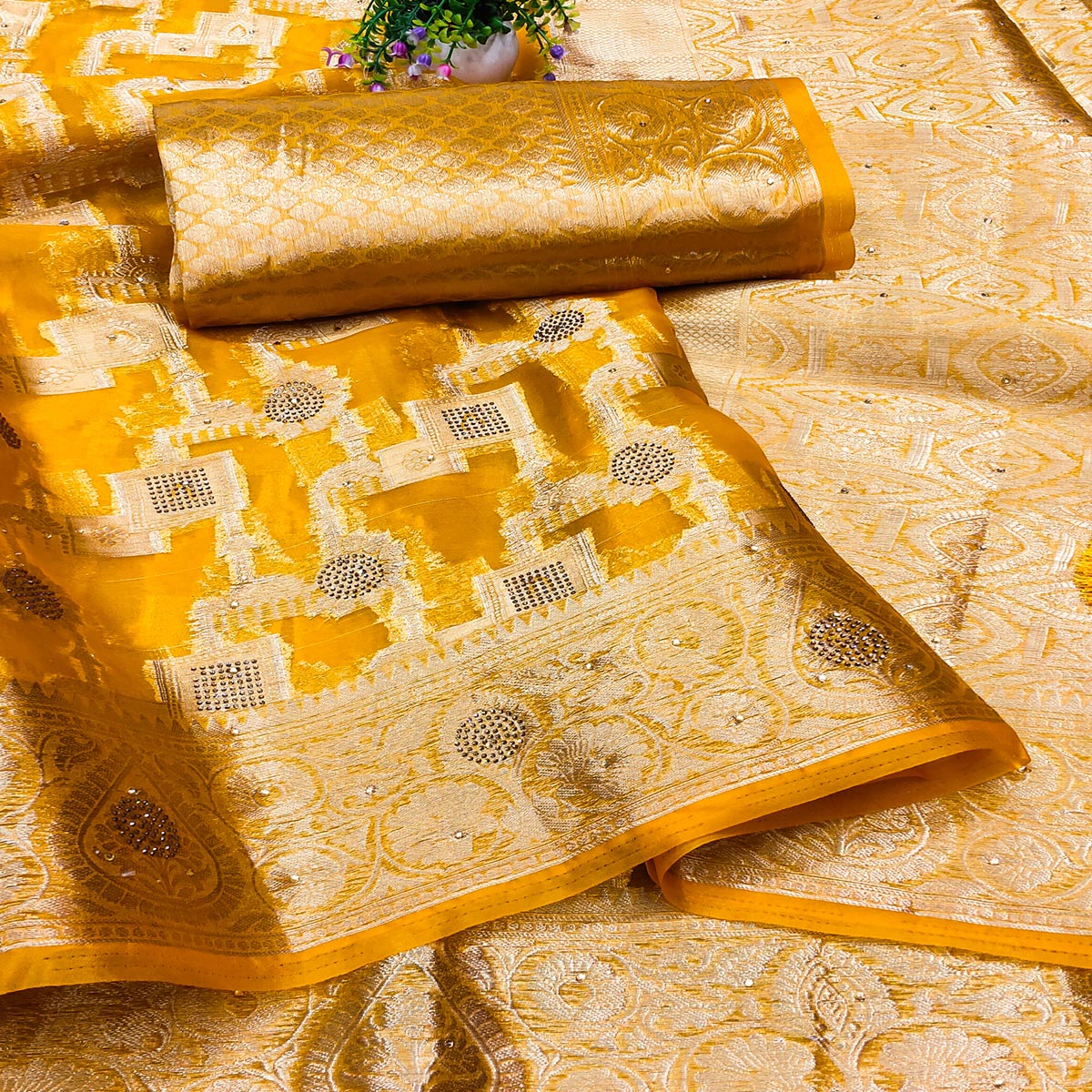 Mustard Stone Work Woven Organza Jacquard Saree - Image 2