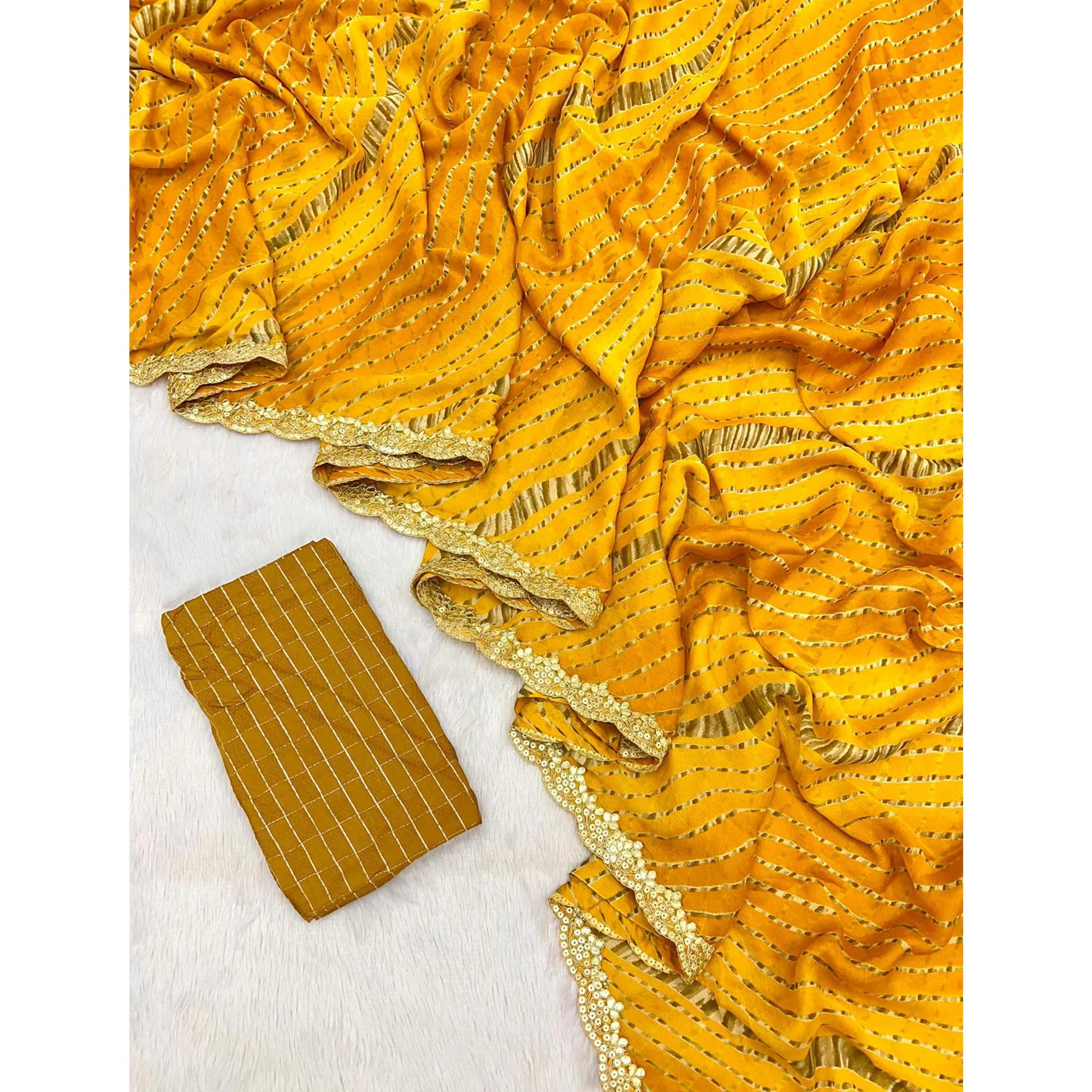 Mustard Striped Printed Chiffon Saree With Sequins Embroidered Border - Image 3