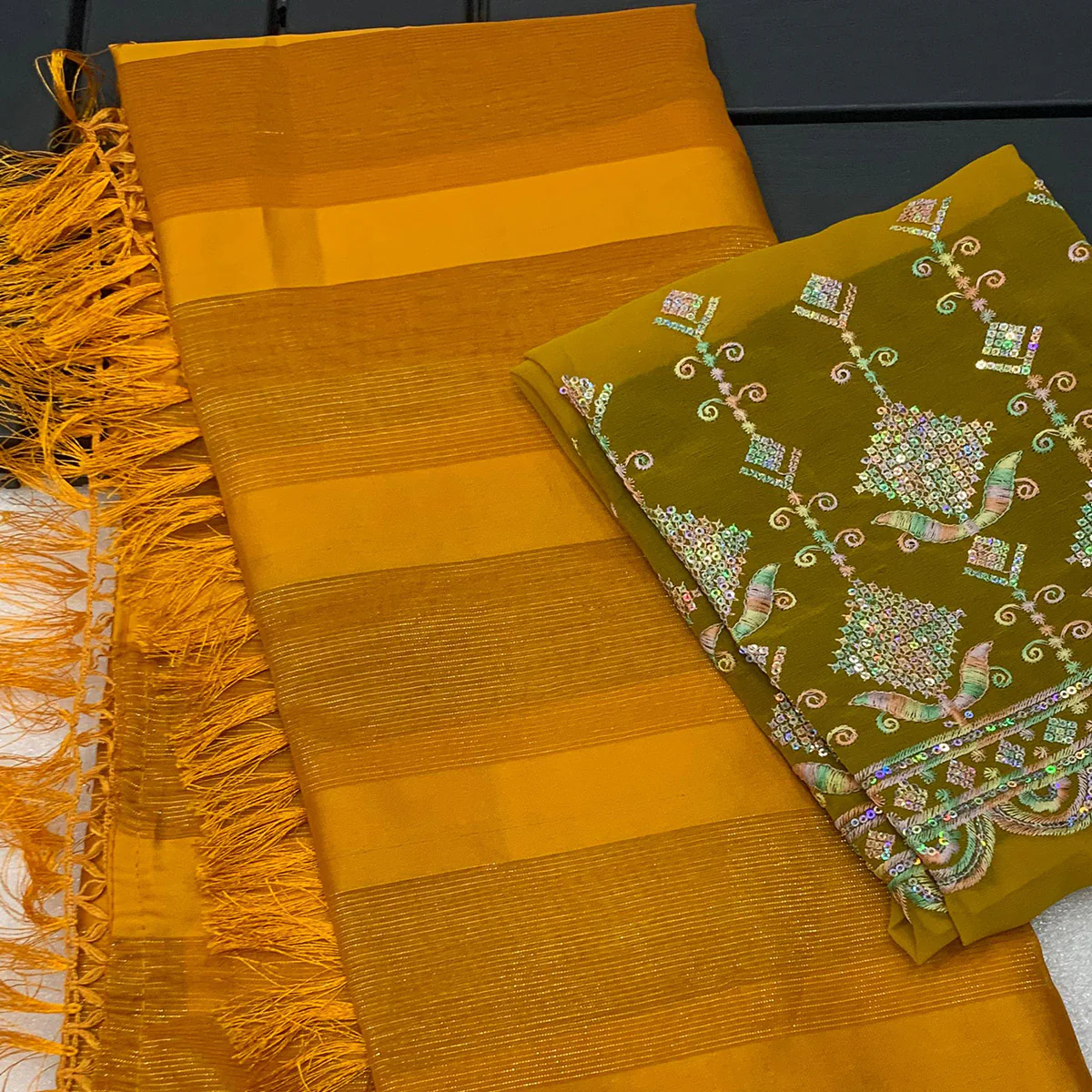 Mustard Striped Woven Chiffon Silk Saree With Tassels - Image 2