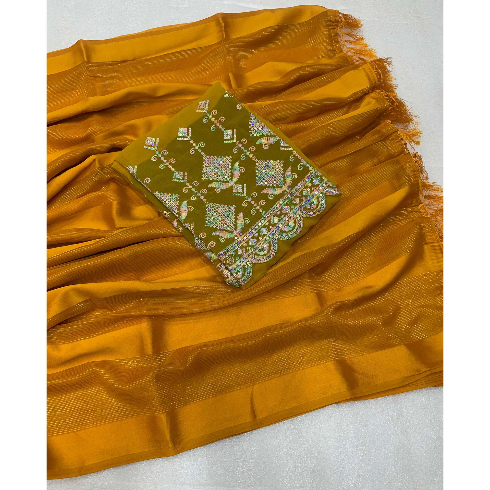 Mustard Striped Woven Chiffon Silk Saree With Tassels - Image 3
