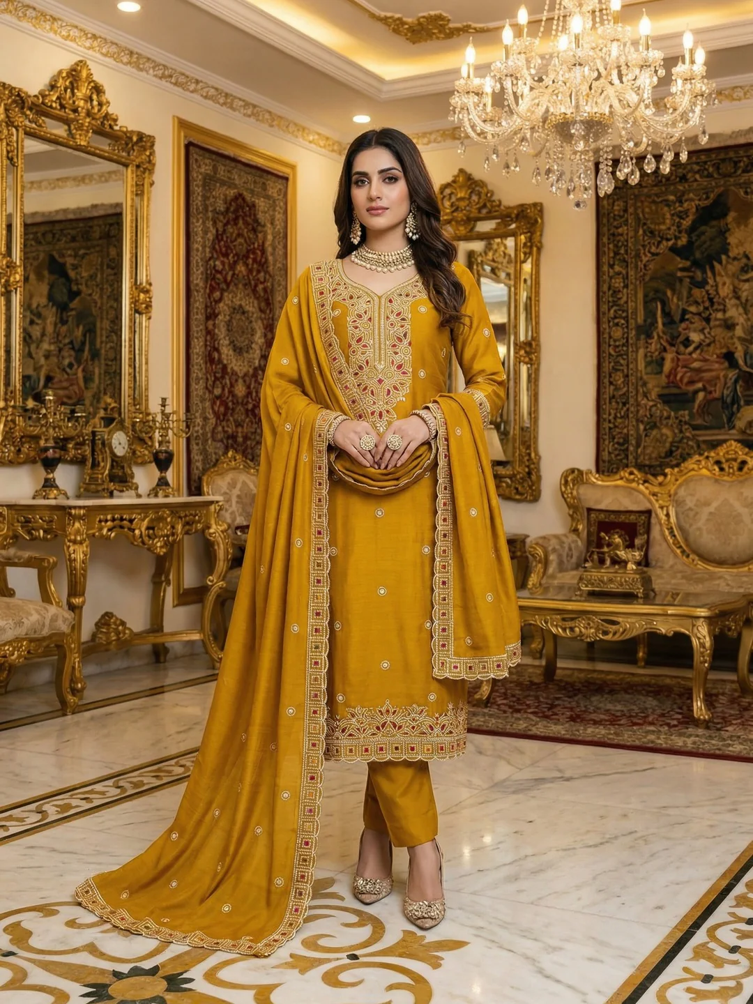 Mustard Thread Embroidered Vichitra Silk Dress Material