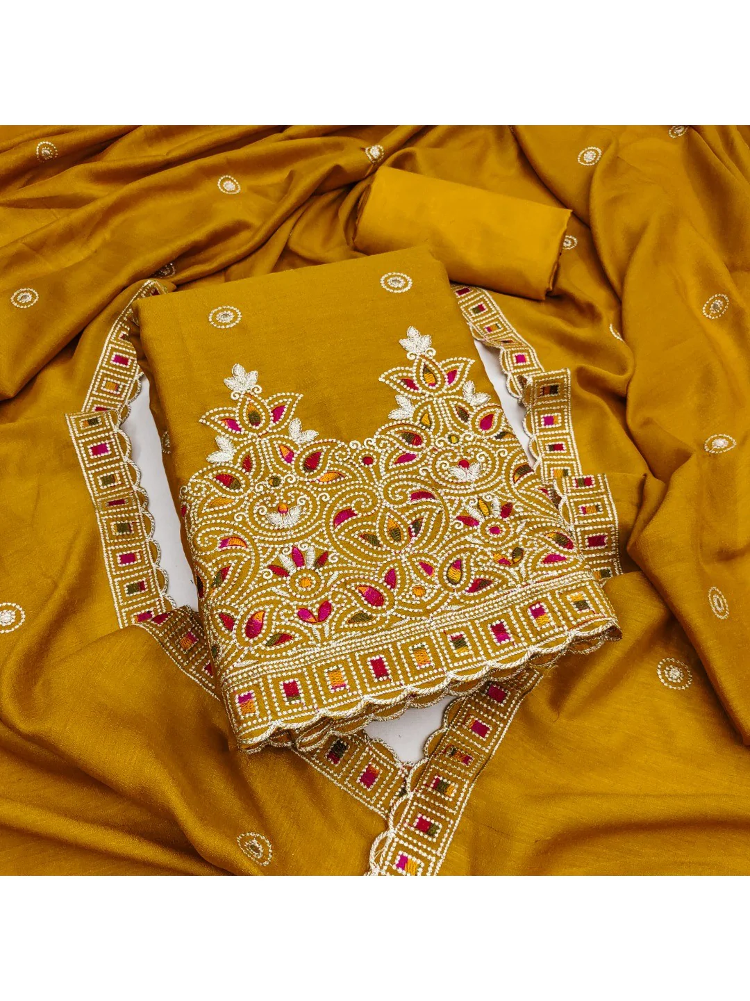 Mustard Thread Embroidered Vichitra Silk Dress Material - Image 3