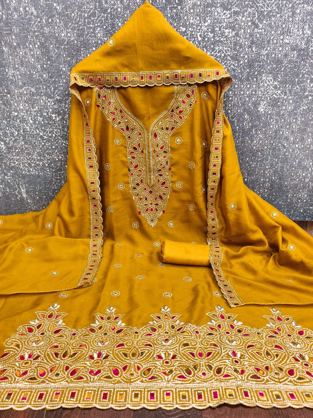 Mustard Thread Embroidered Vichitra Silk Dress Material - Image 4