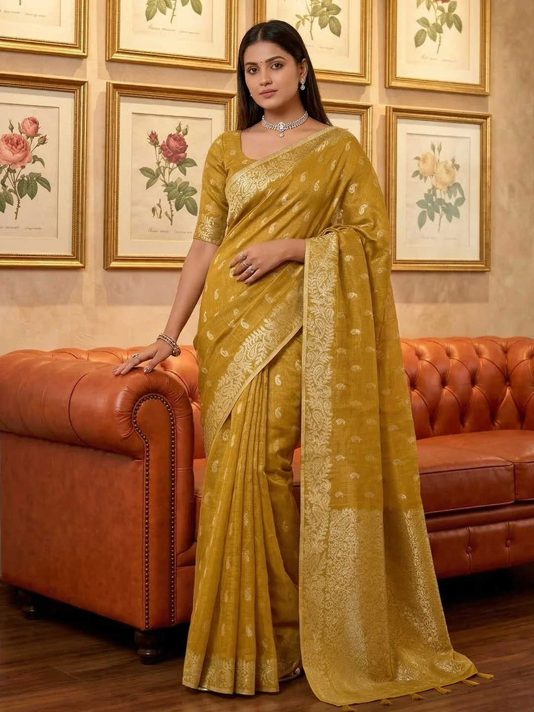 Mustard Tissue Saree with Intricate Golden Zari Detailing