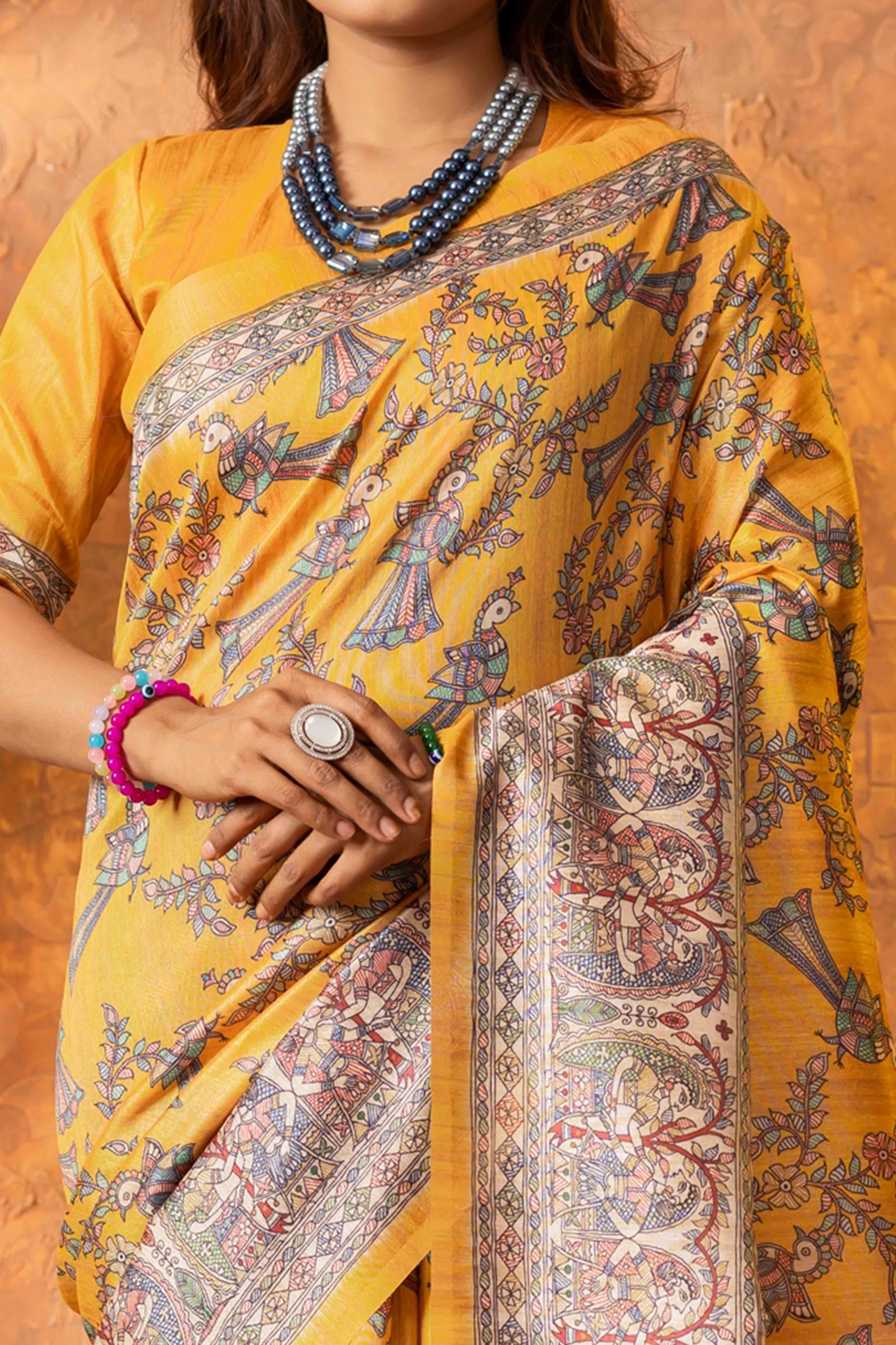 Mustard Tussar Silk Saree with Traditional Mughal Prints - Image 2