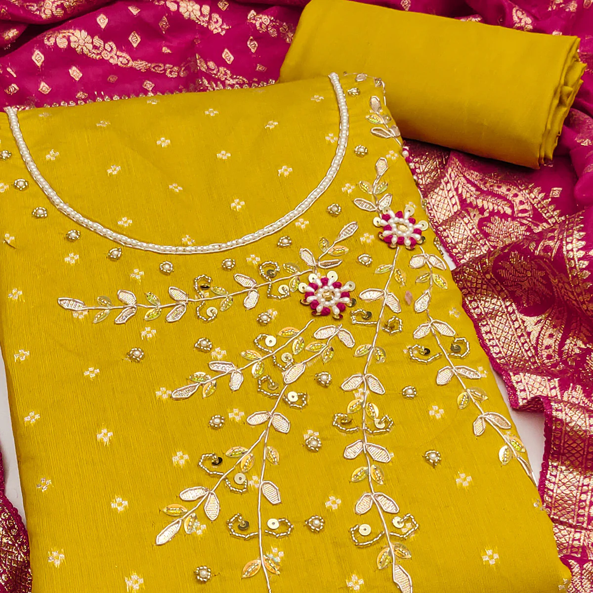 Mustard Unstitched Cotton Silk Dress Fabric with Gota Patti Embroidery and Woven Finish - Image 2