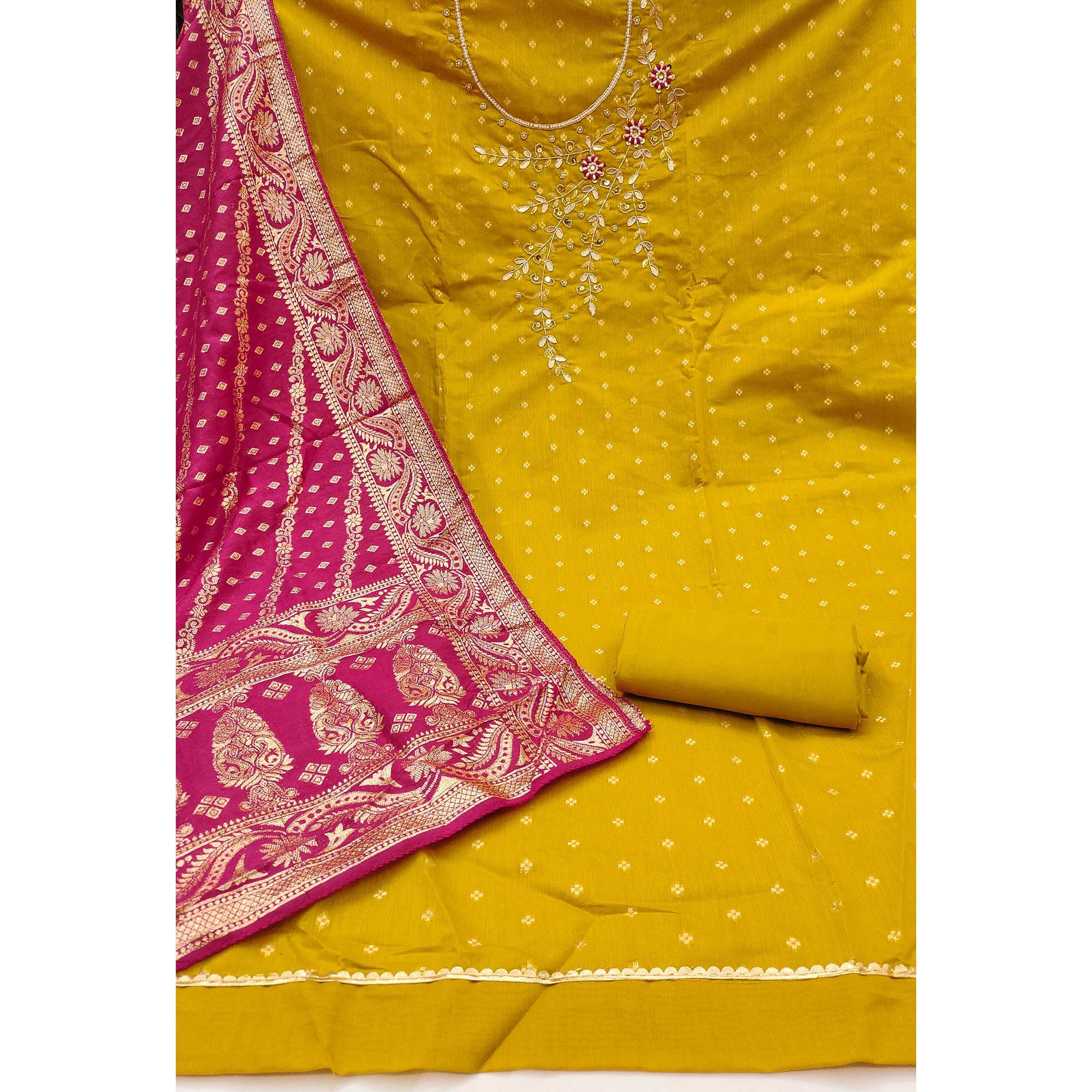 Mustard Unstitched Cotton Silk Dress Fabric with Gota Patti Embroidery and Woven Finish - Image 4