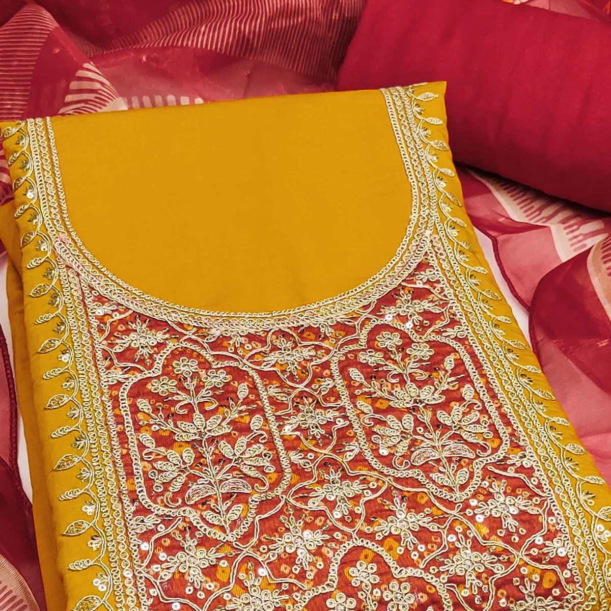 Mustard Unstitched Dress Material in Cotton Blend with Elegant Sequins & Floral Embroidery - Image 2