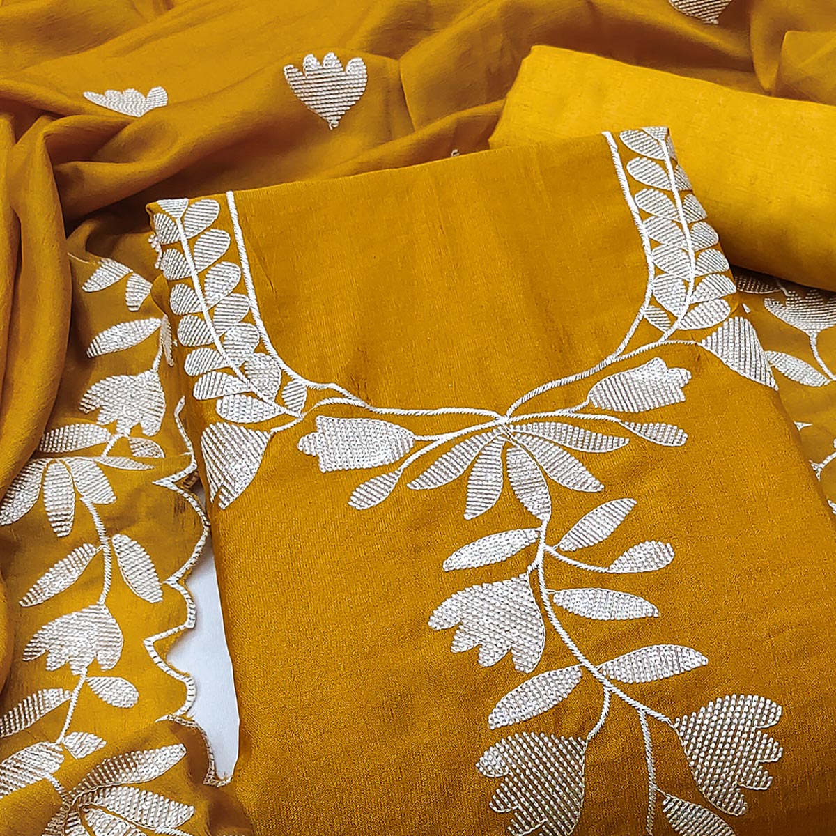 Mustard Vichitra Silk Dress Material Accented With Delicate Floral Thread Embroidery & Sequins - Image 2