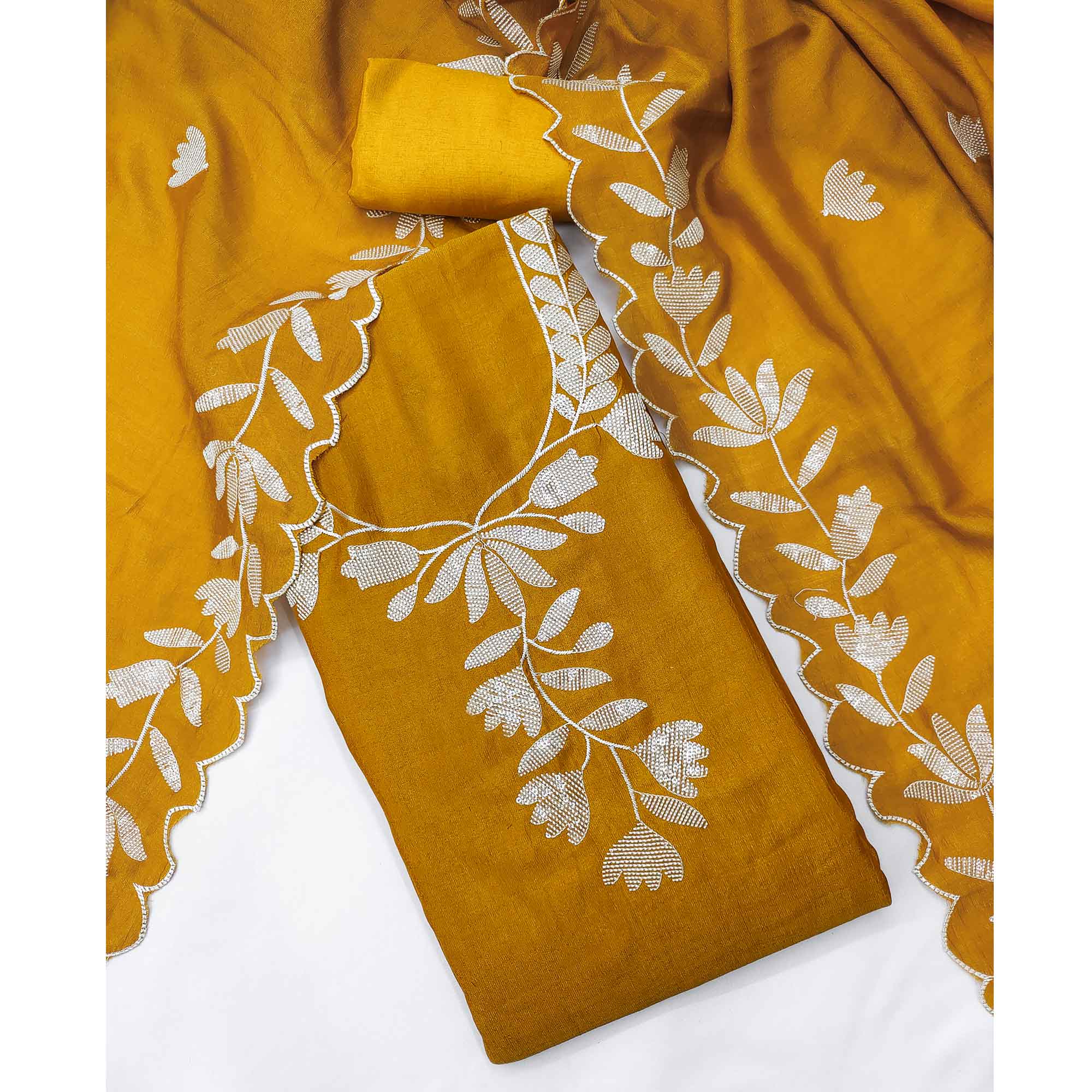 Mustard Vichitra Silk Dress Material Accented With Delicate Floral Thread Embroidery & Sequins - Image 3