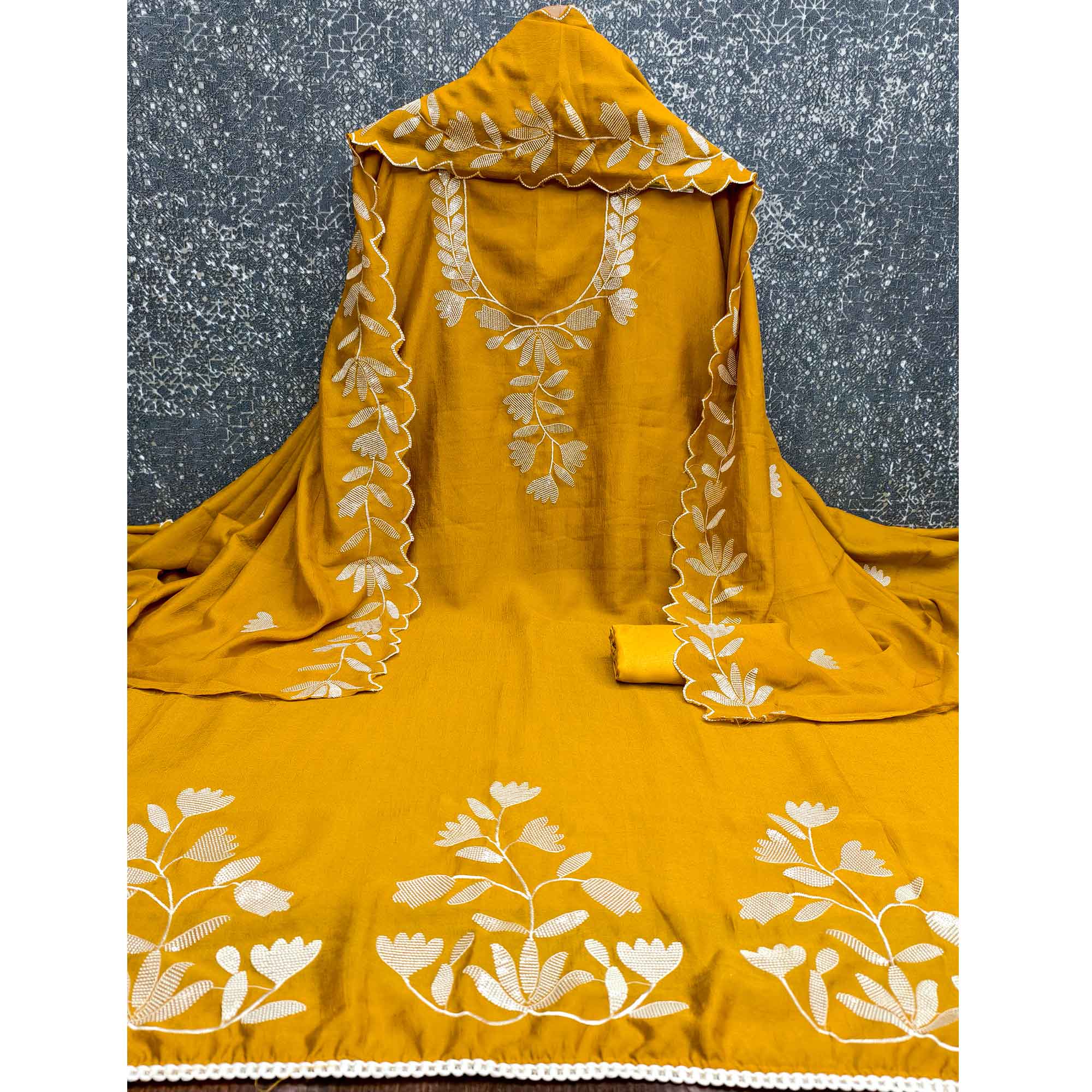 Mustard Vichitra Silk Dress Material Accented With Delicate Floral Thread Embroidery & Sequins - Image 4