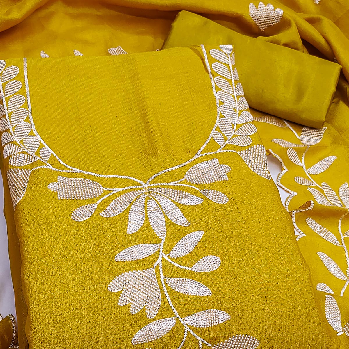 Mustard Vichitra Silk Dress Material With Delicate Floral Embroidery & Shimmering Sequins Work - Image 2