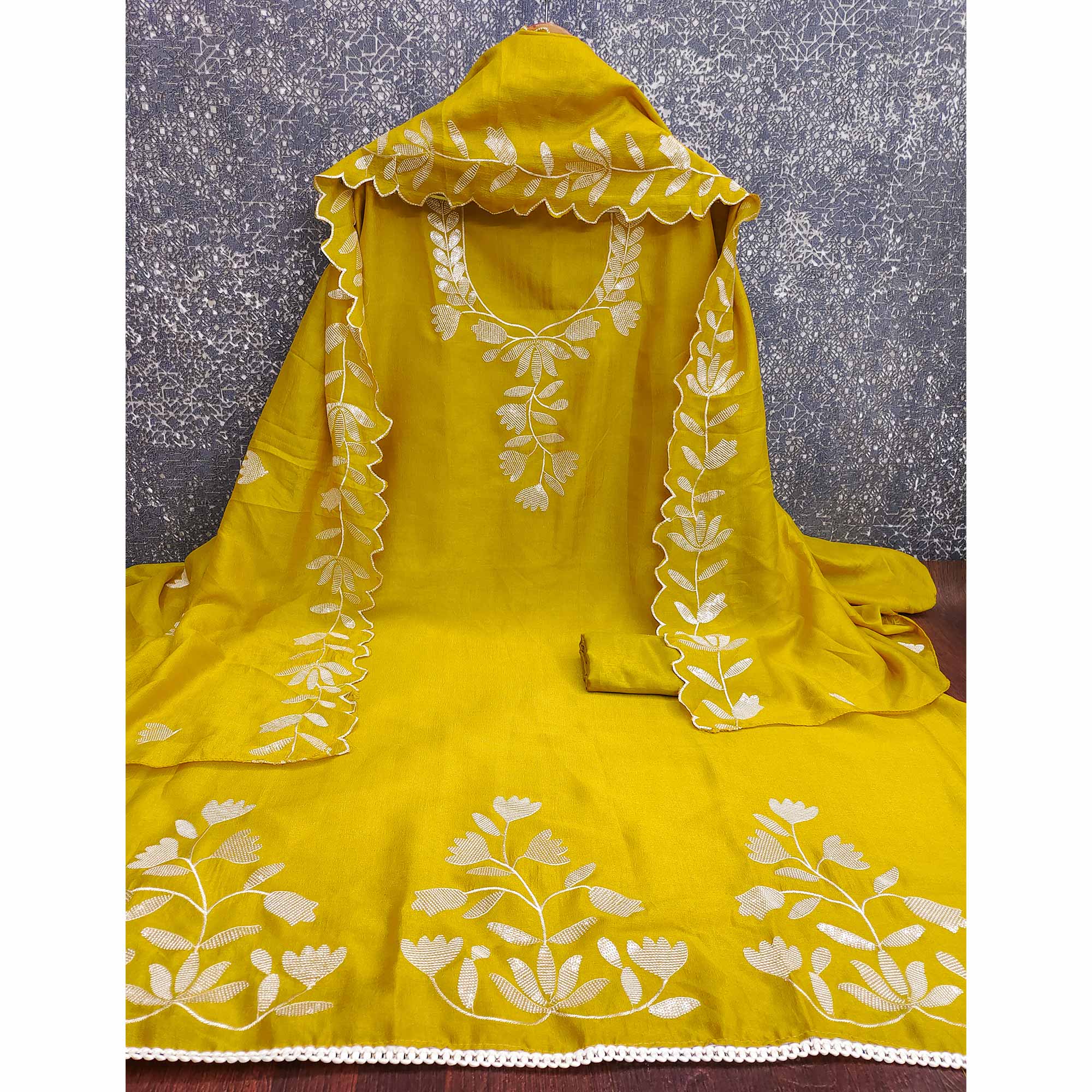 Mustard Vichitra Silk Dress Material With Delicate Floral Embroidery & Shimmering Sequins Work - Image 4