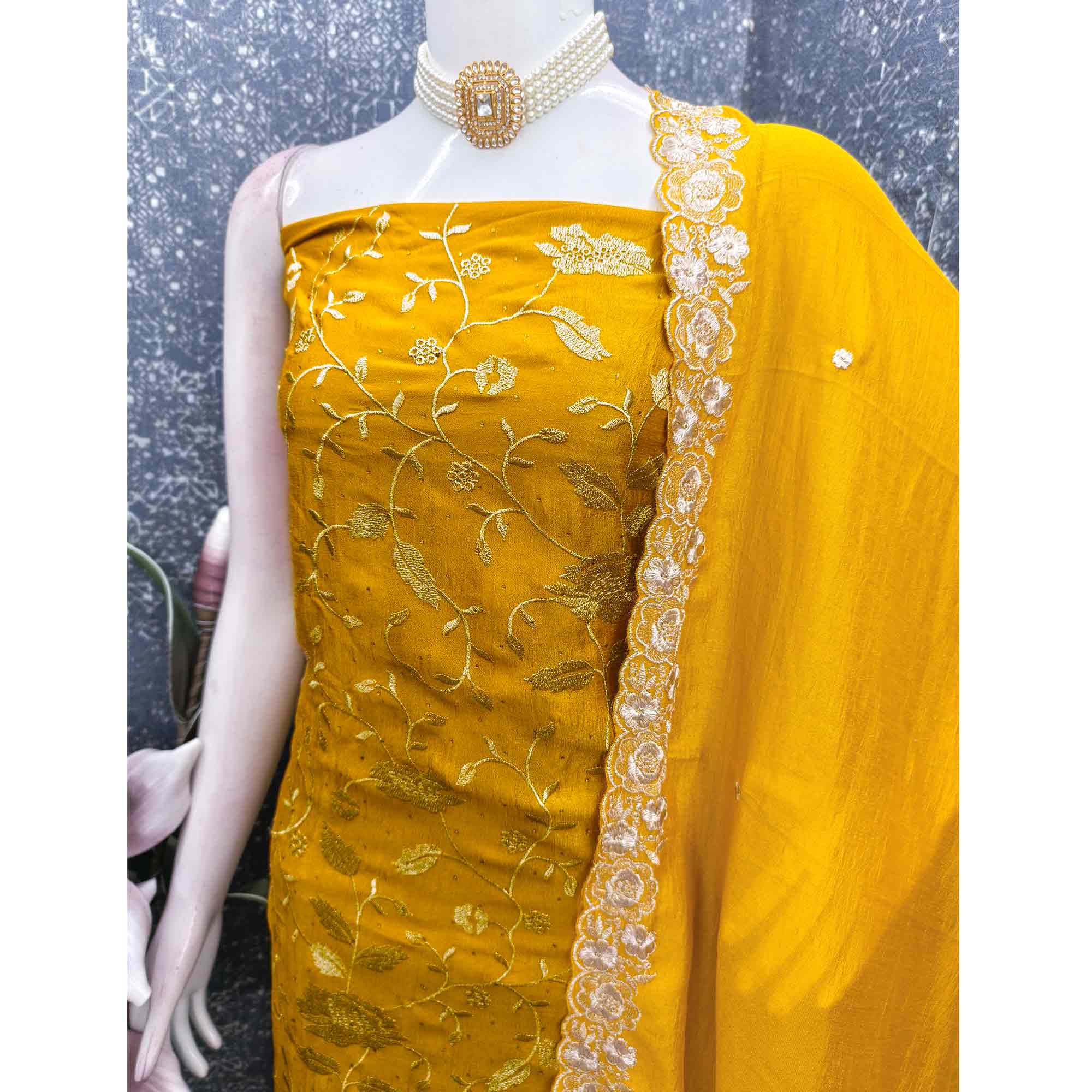 Mustard Vichitra Silk Dress Material With Delicate Floral Embroidery & Sparkling Stone Accents - Image 4