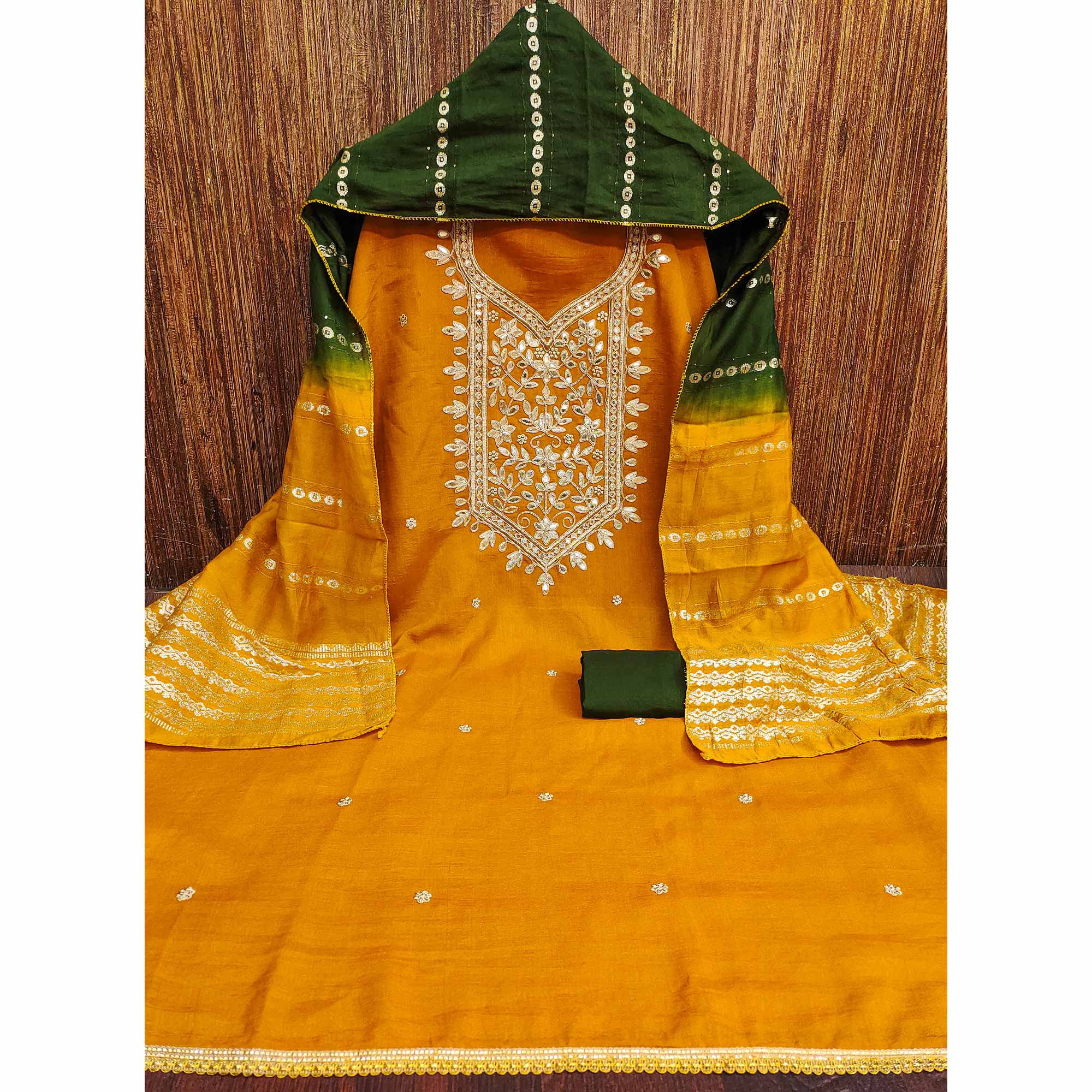 Mustard Vichitra Silk Dress Material With Exquisite Floral Embroidery & Gota Patti Accents - Image 4
