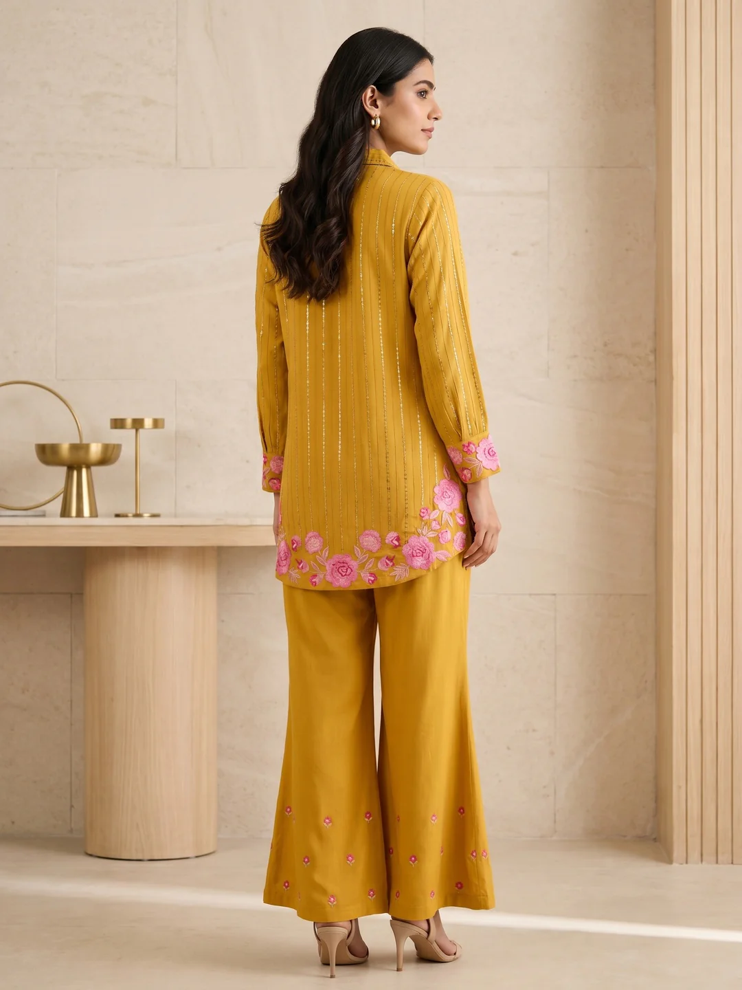 Mustard Viscose Blend Embroidered Top Bottom Set - Image 4