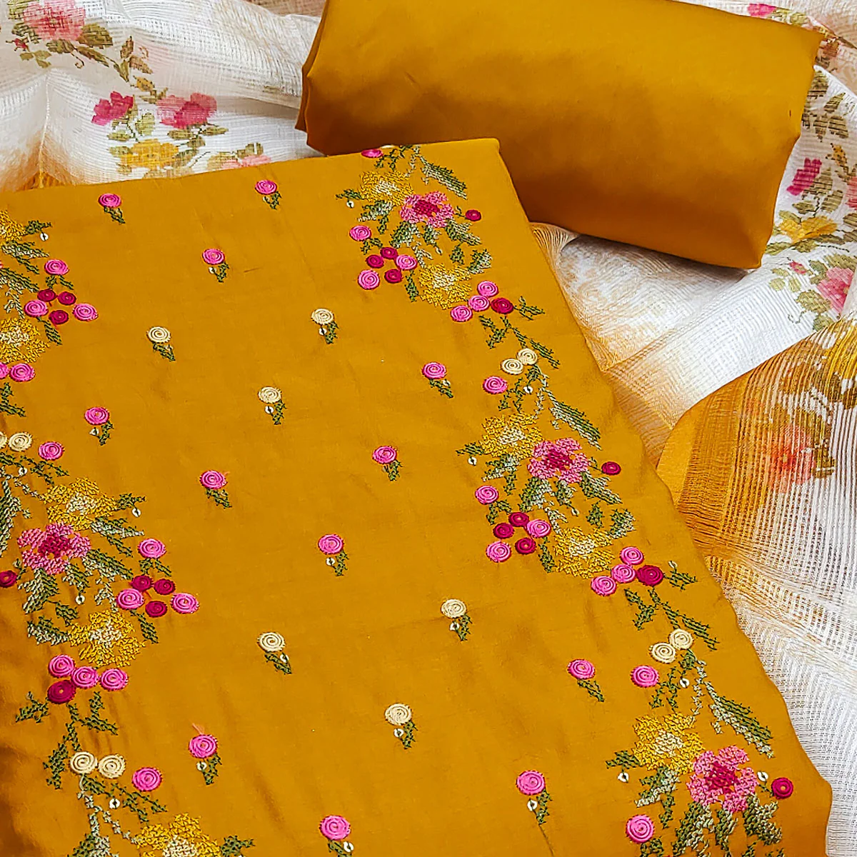 Mustard Viscose Dress Material With Floral Embroidered Neckline - Image 2