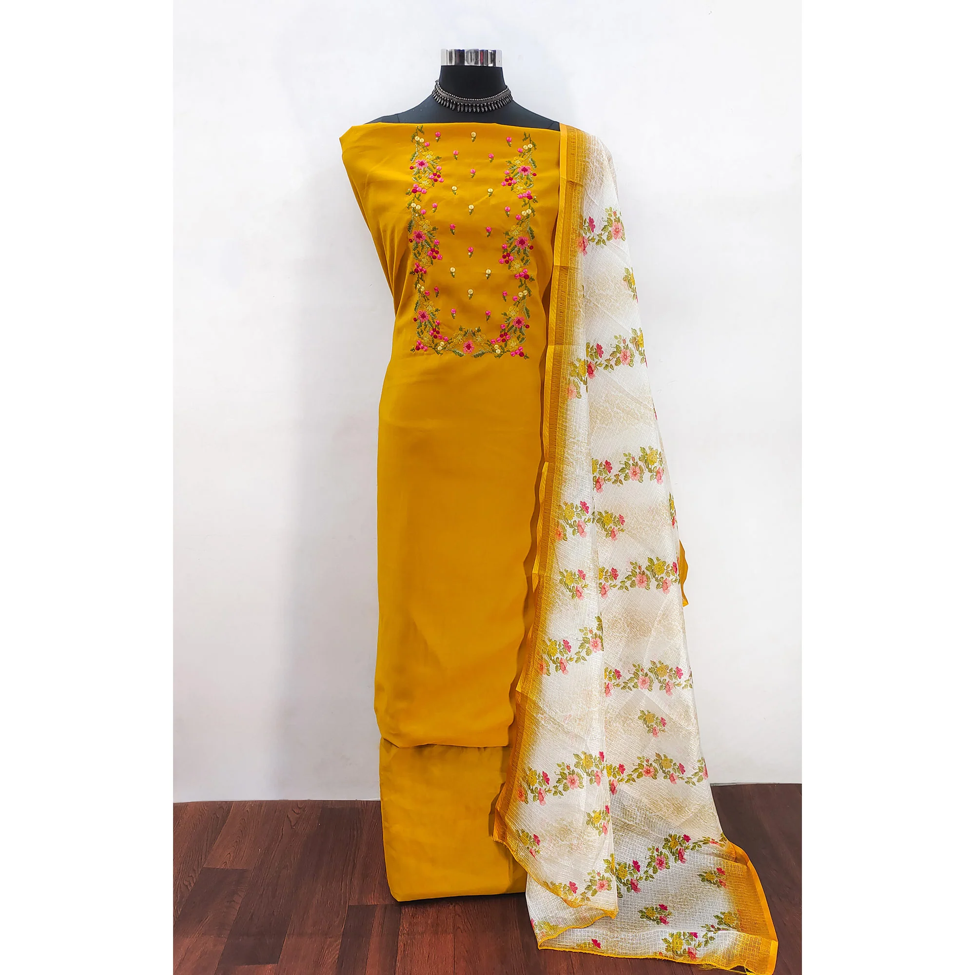Mustard Viscose Dress Material With Floral Embroidered Neckline - Image 3