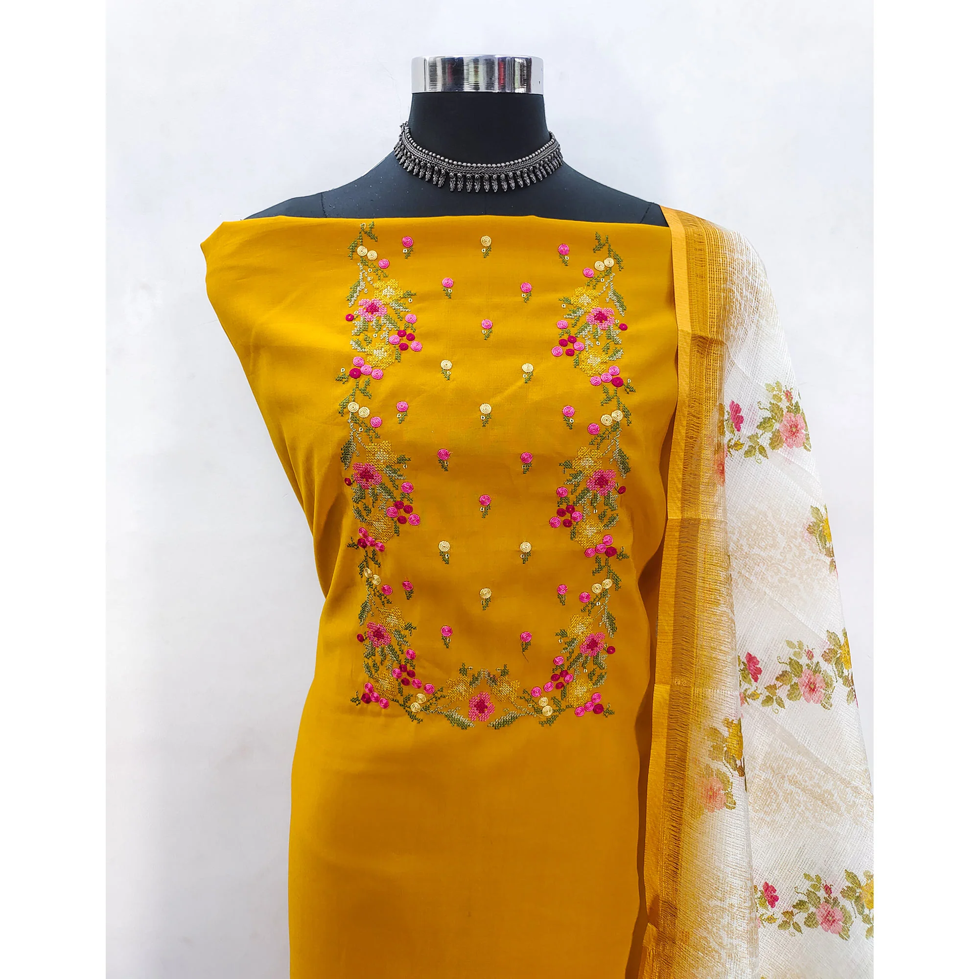 Mustard Viscose Dress Material With Floral Embroidered Neckline - Image 4