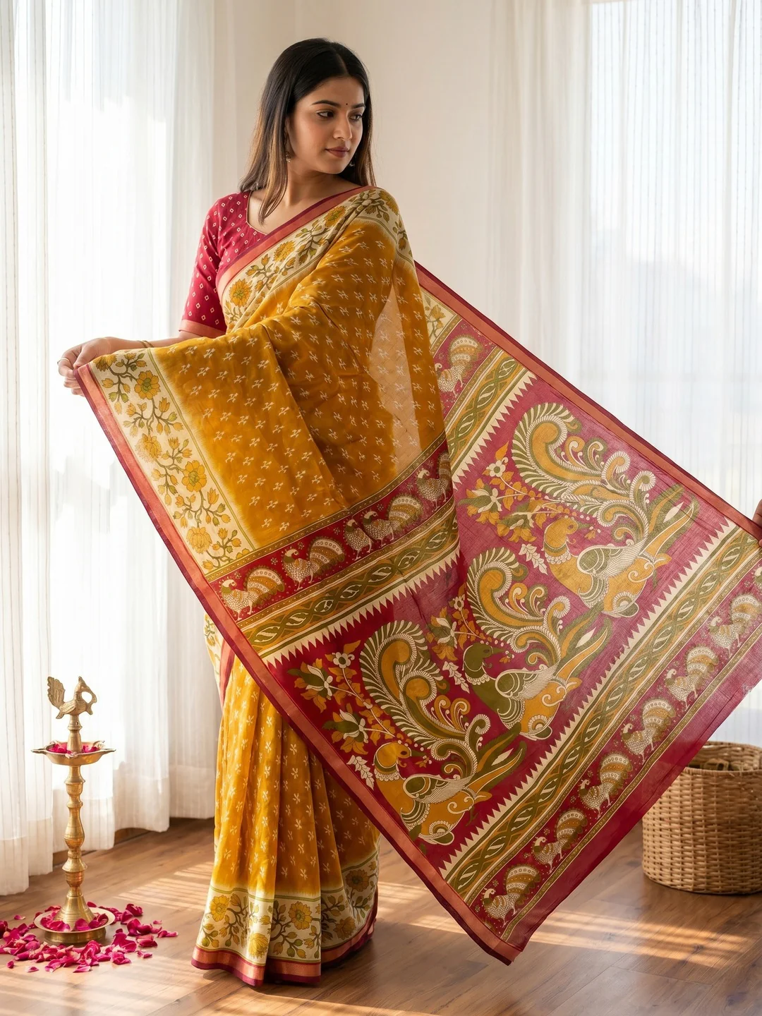 Mustard Viscose Saree with Traditional Fancy Print and Zari Work