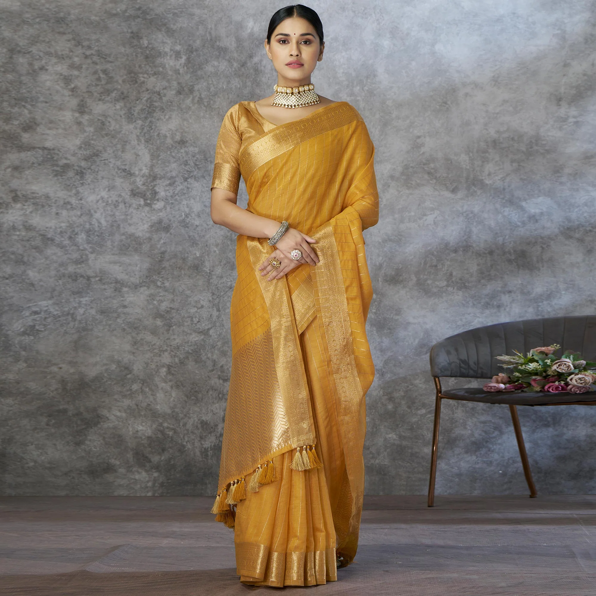 Mustard Woven Cotton Silk Saree With Tassels - Image 2