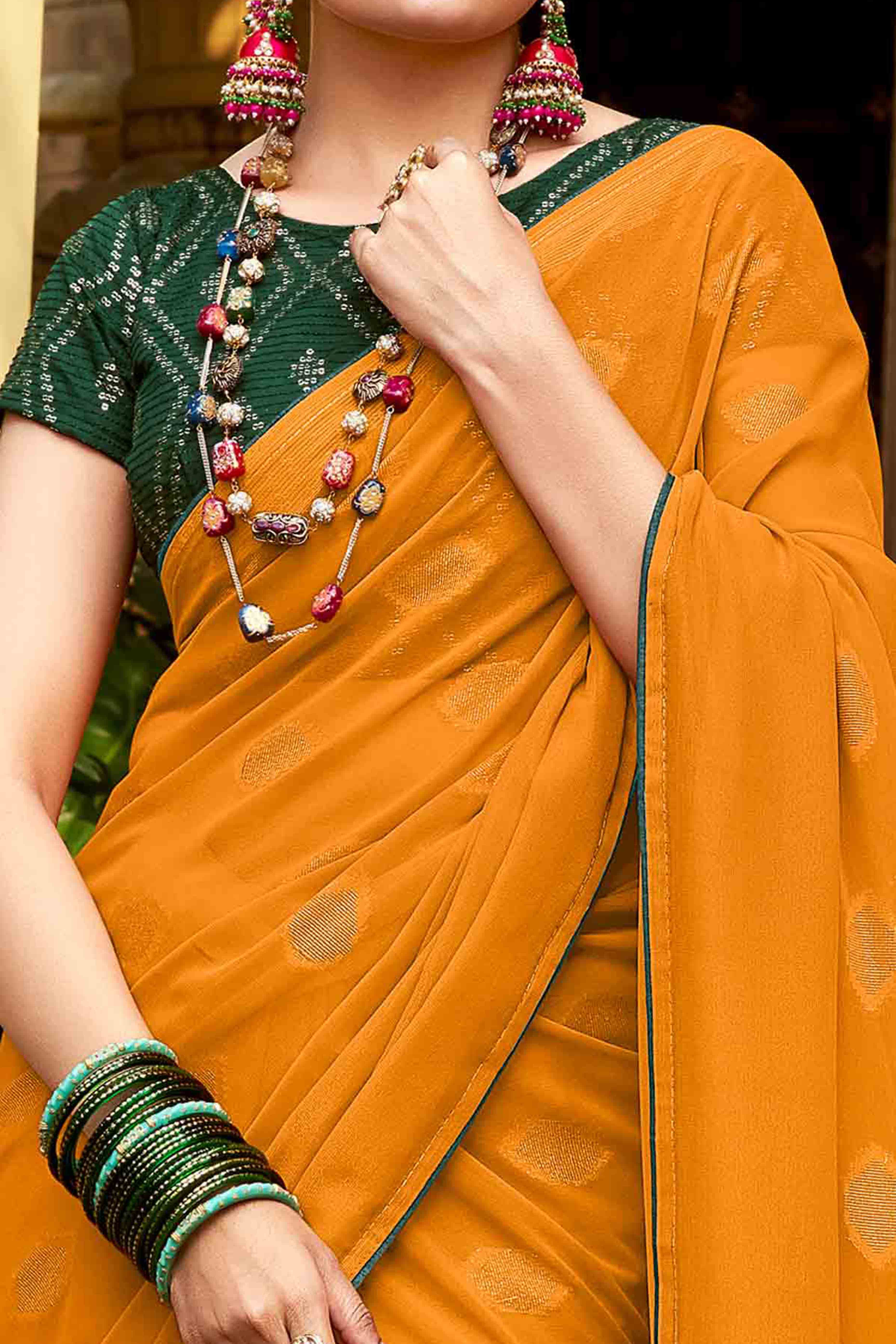 Mustard Woven Georgette Saree With Tassels - Image 2