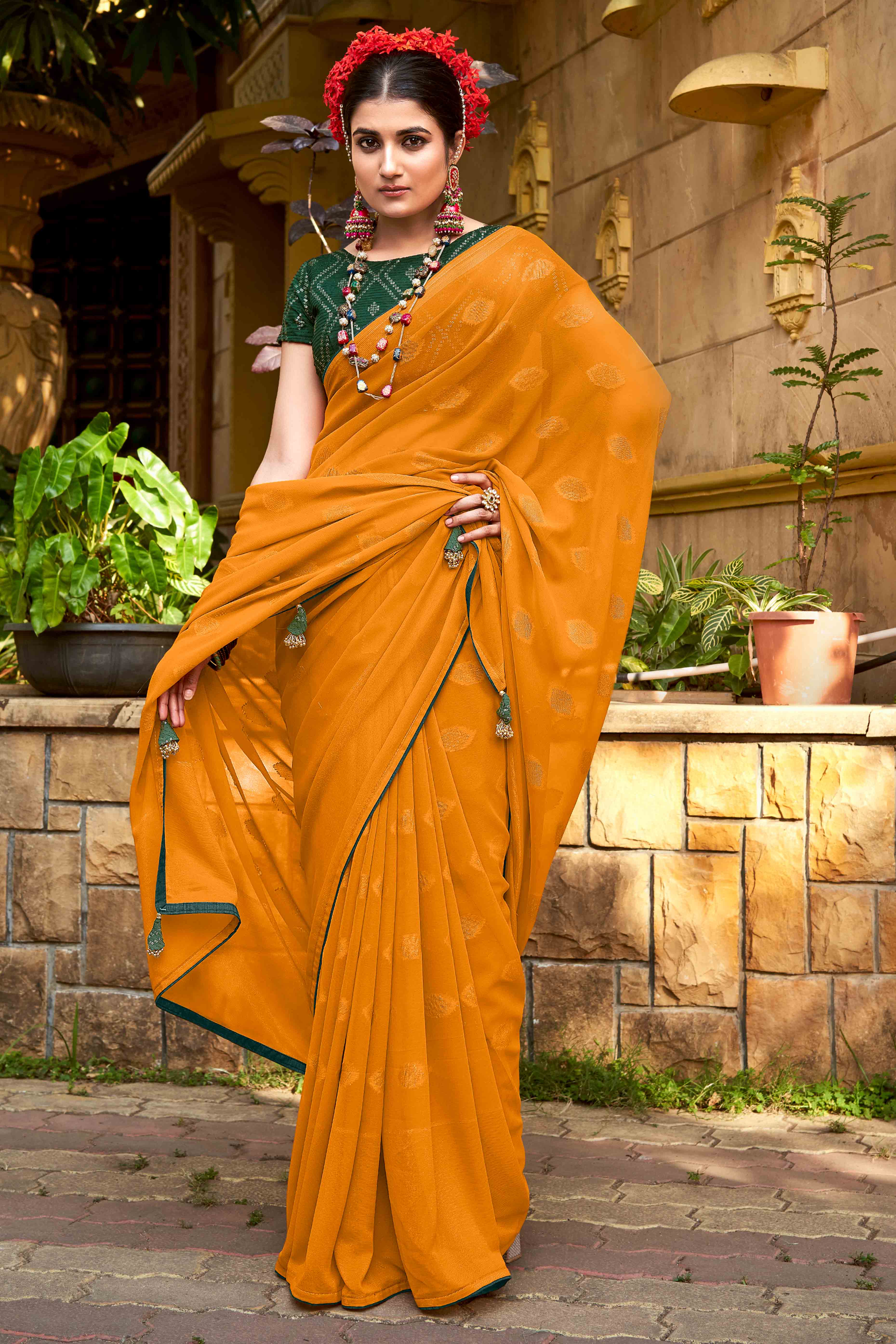 Mustard Woven Georgette Saree With Tassels - Image 3