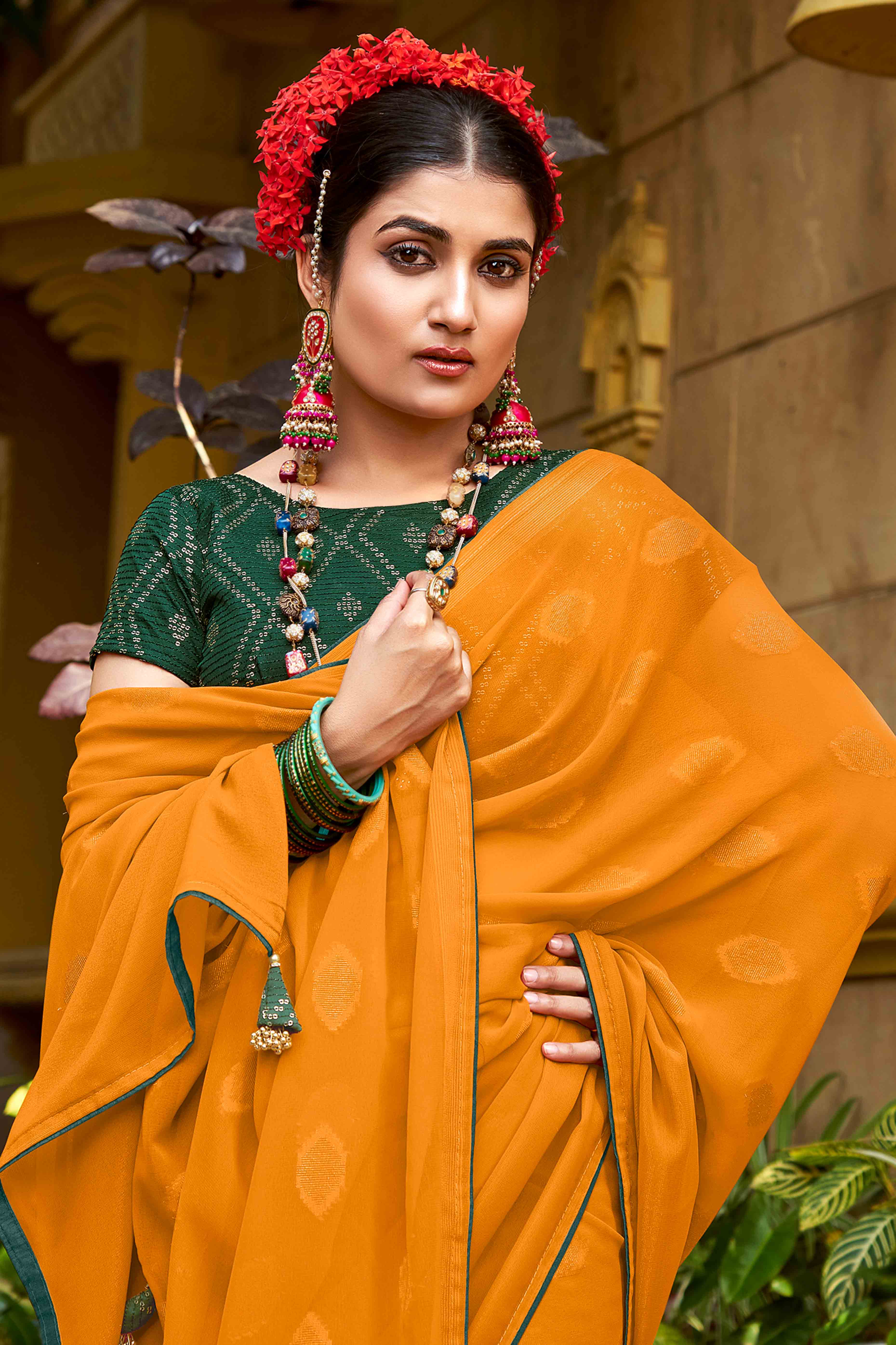 Mustard Woven Georgette Saree With Tassels - Image 4
