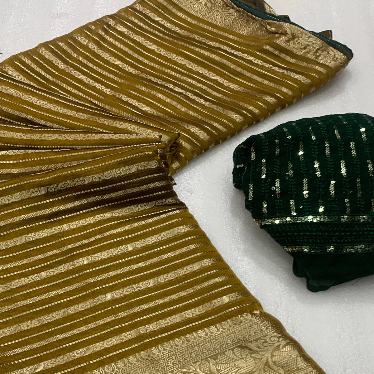 Mustard Woven Georgette Saree With Tassels - Image 2