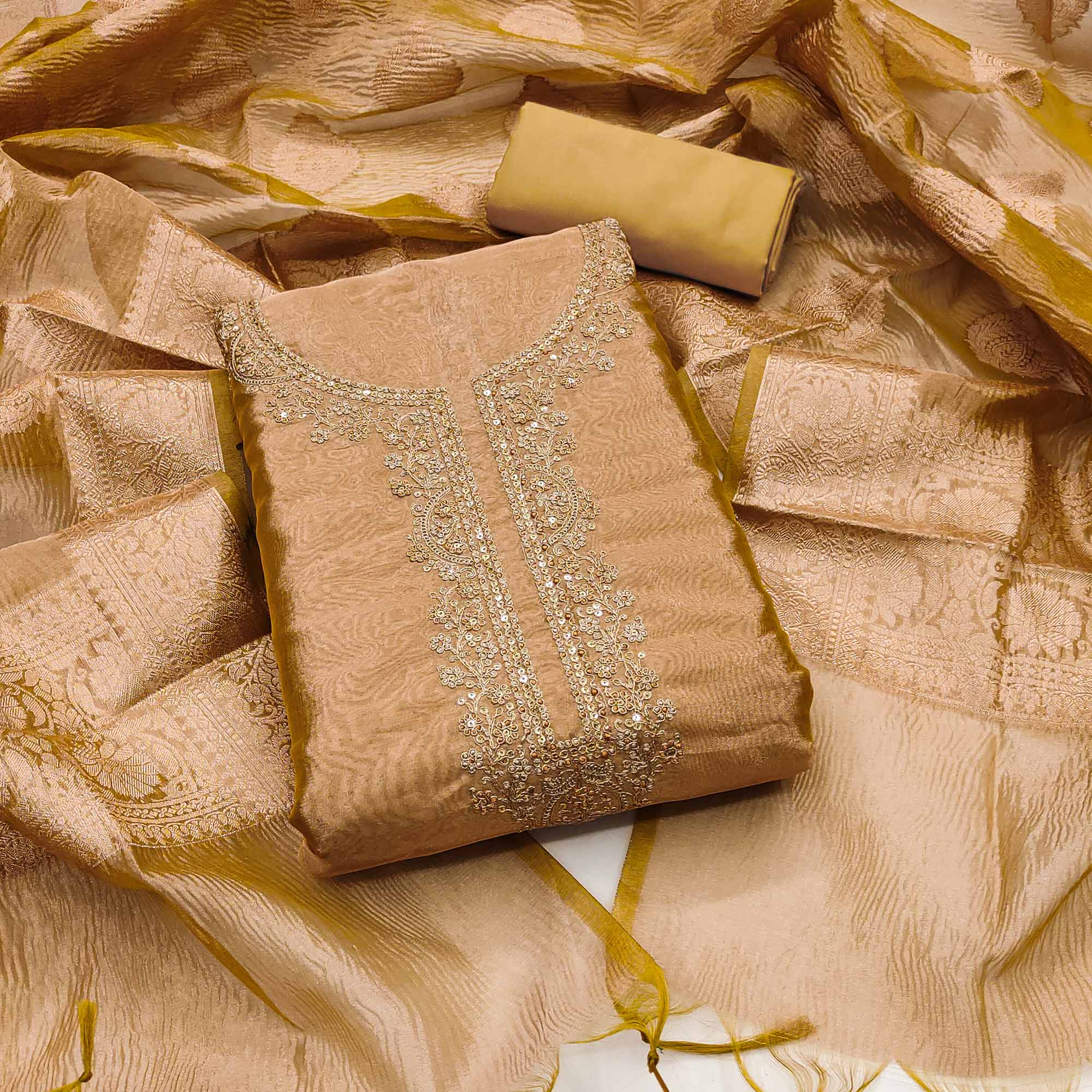 Mustard Woven With Embroidered Banarasi Silk Shimmer Crush Dress Material