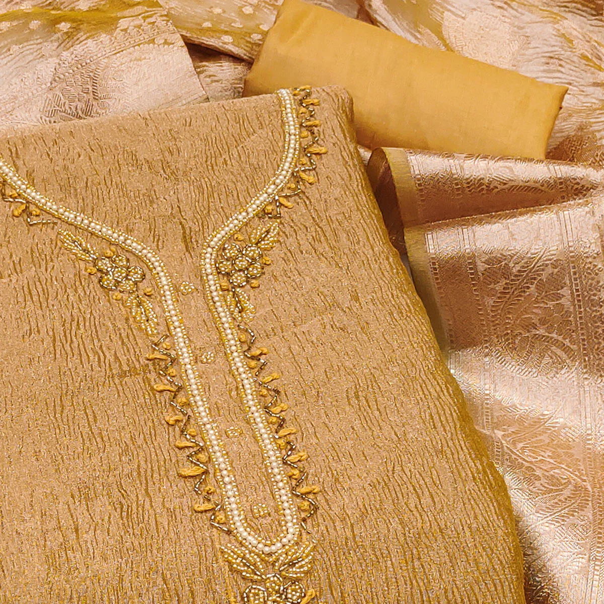 Mustard Woven With Handwork Crush Tissue Dress Material - Image 2