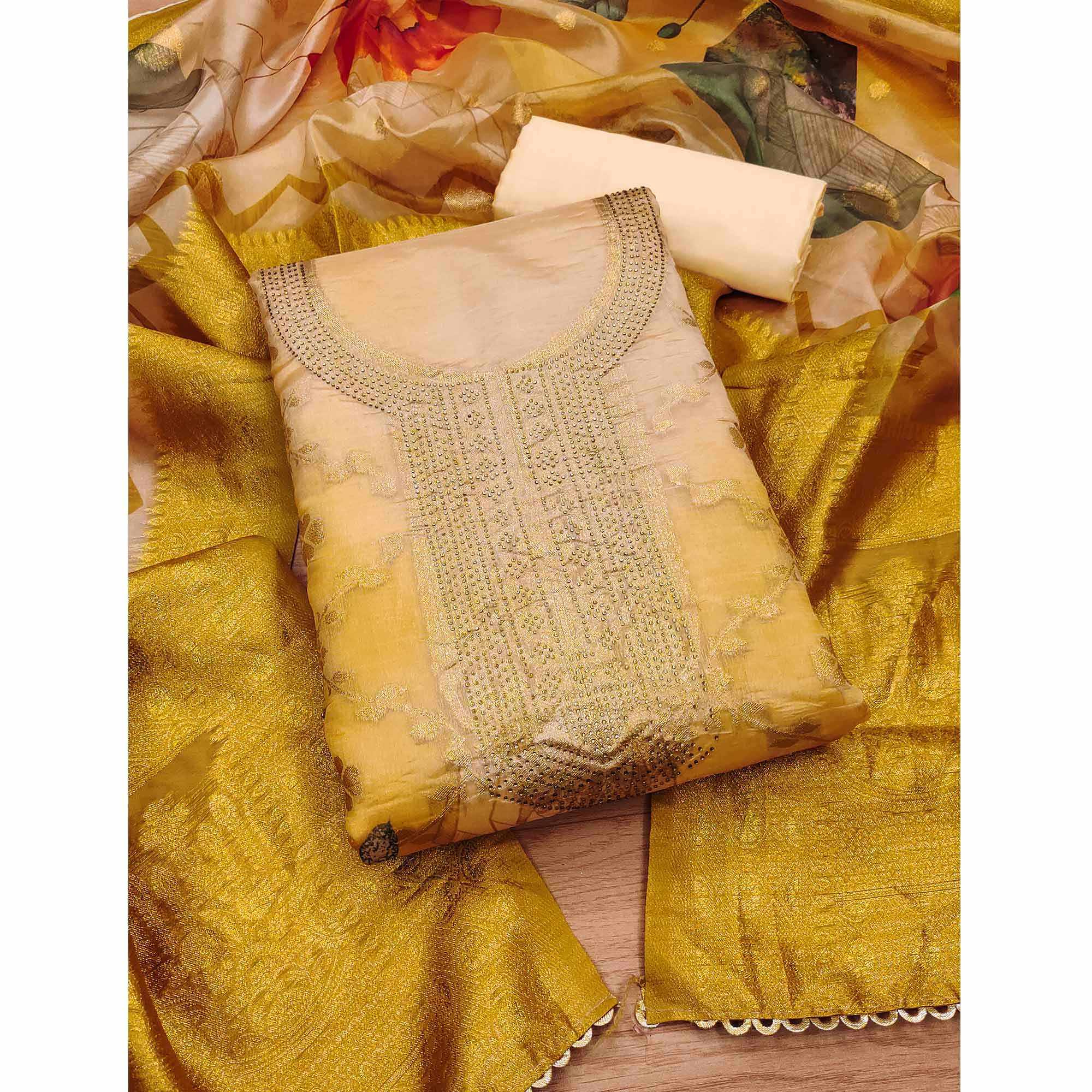 Mustard Woven Work Organza Dress Material - Image 3