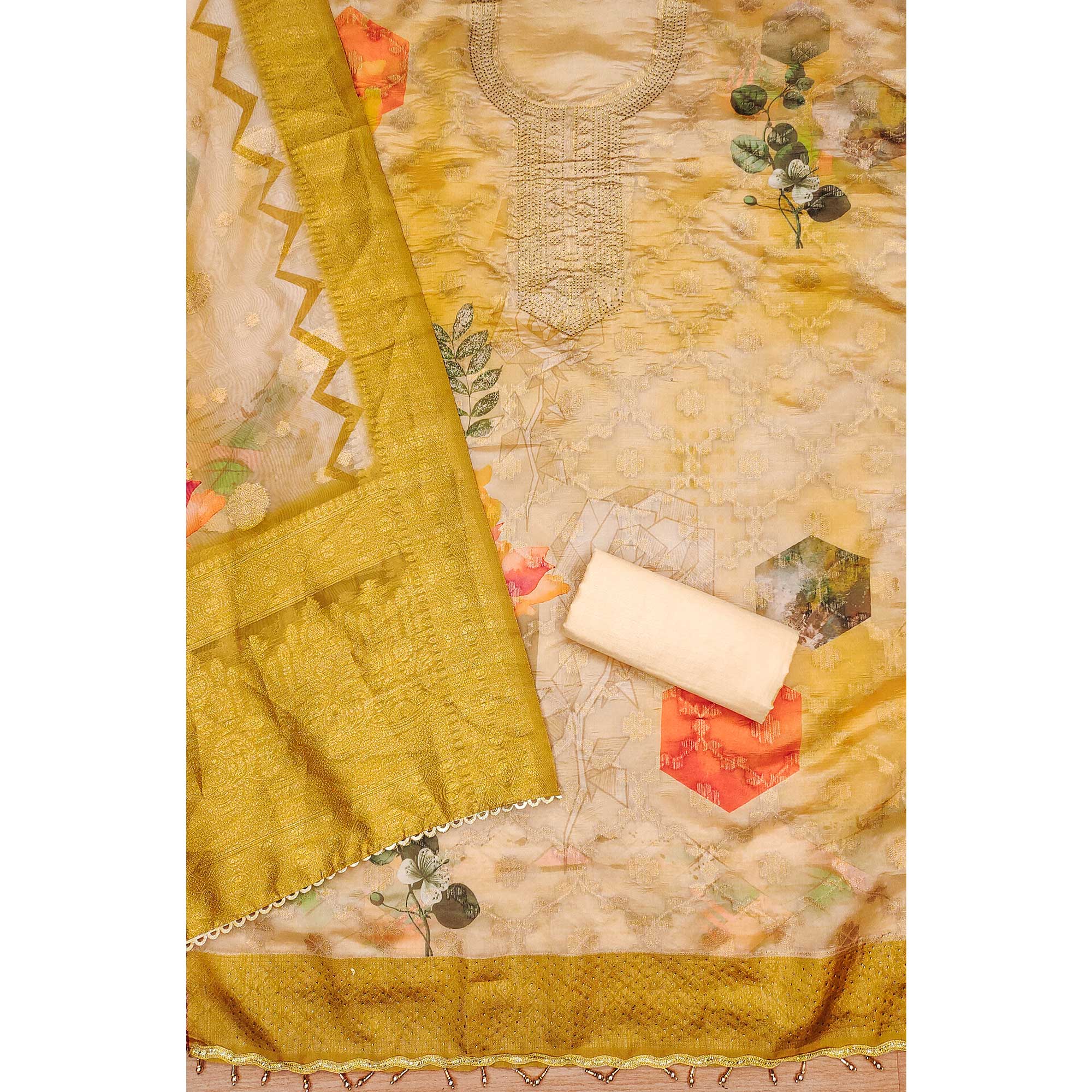 Mustard Woven Work Organza Dress Material - Image 4